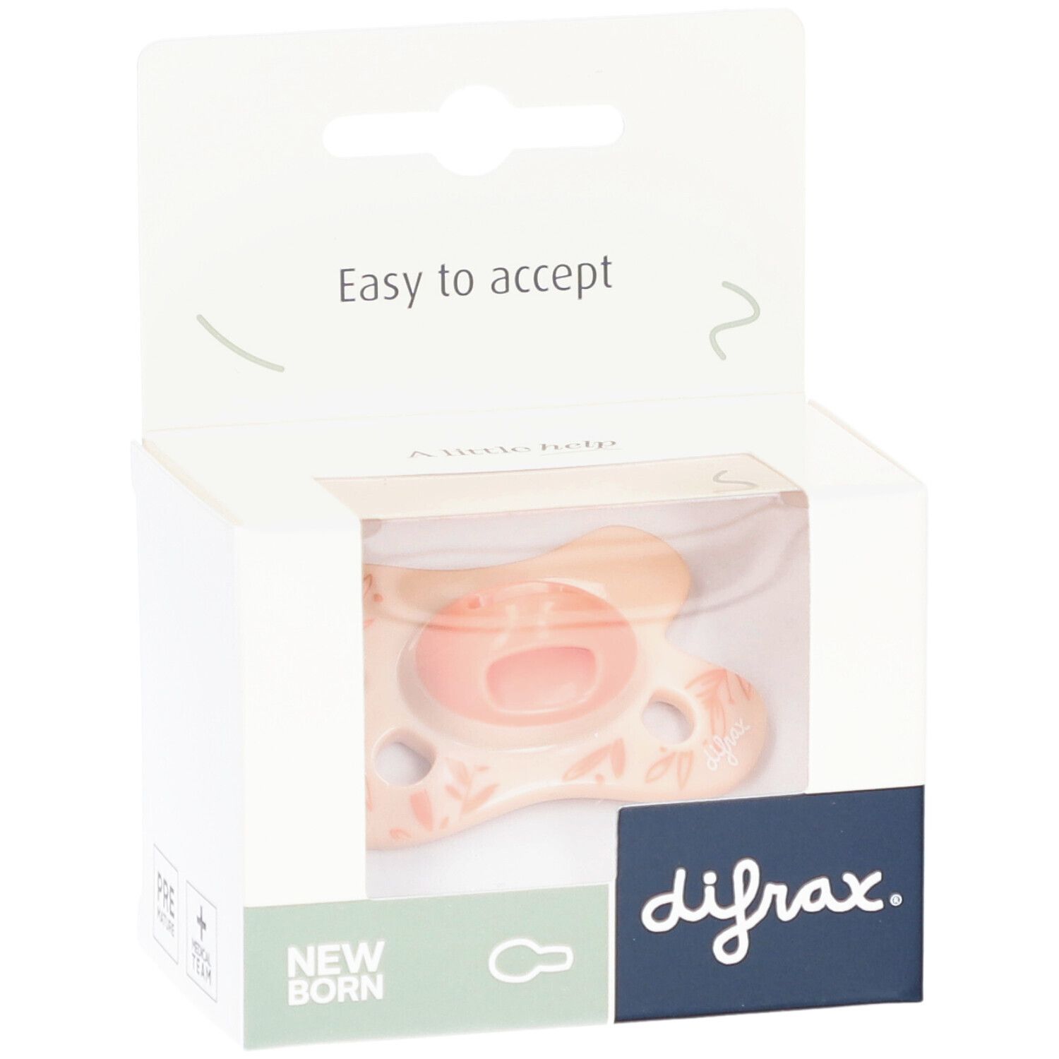 Verpackung mit Schnuller. Rosa Schnuller mit Blättermuster. Marke: difrax. Text: Easy to accept, New Born.