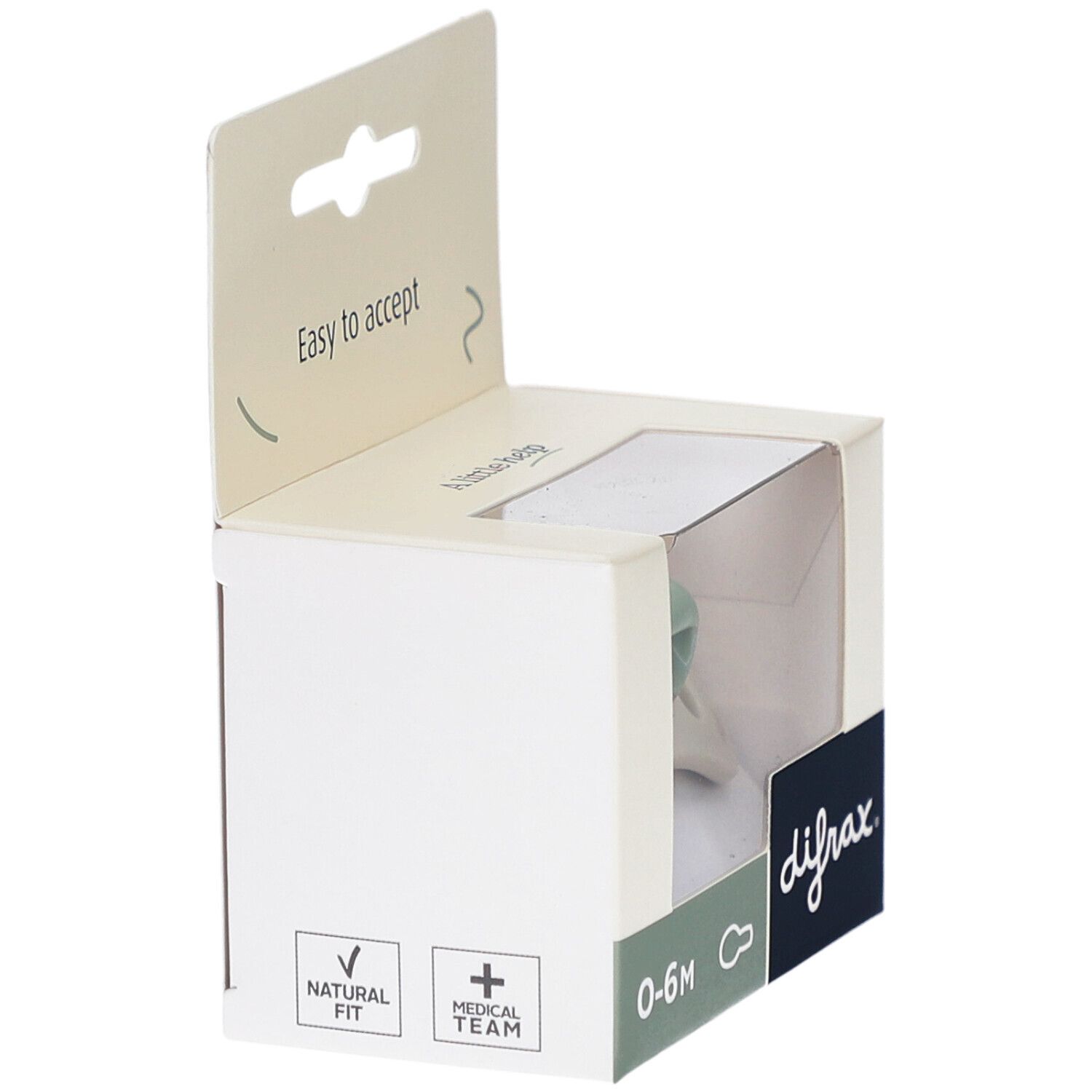 Verpackung mit Schnuller. Marke difrax, 0-6M. Aufdrucke: Natural Fit, Medical Team. Weißer Karton.