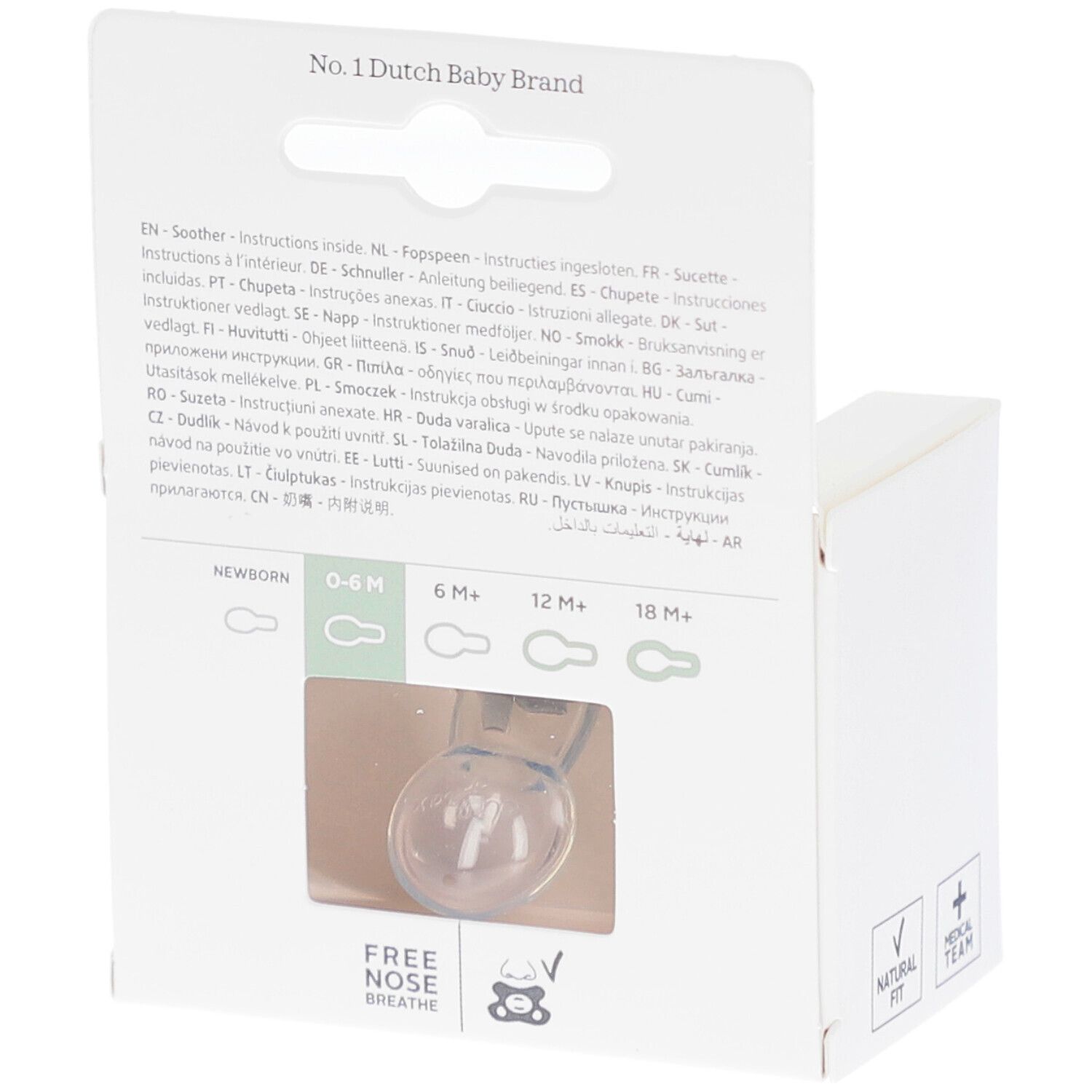 Rückseite der Verpackung. Text in mehreren Sprachen. Abbildungen von Schnullern. Marke difrax.