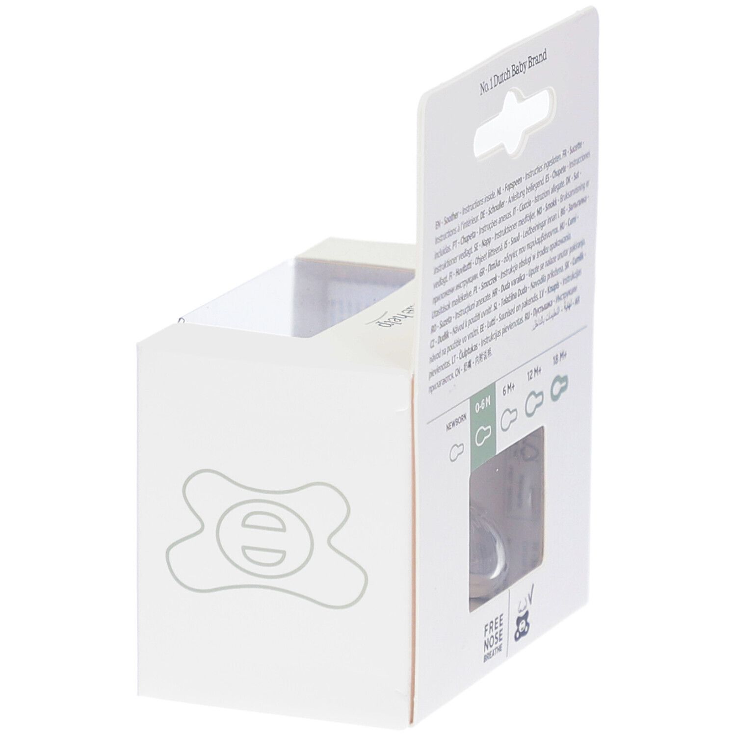 Verpackung, Seitenansicht. Marke difrax. Abbildung eines Schnullers. Text: 0-6M.