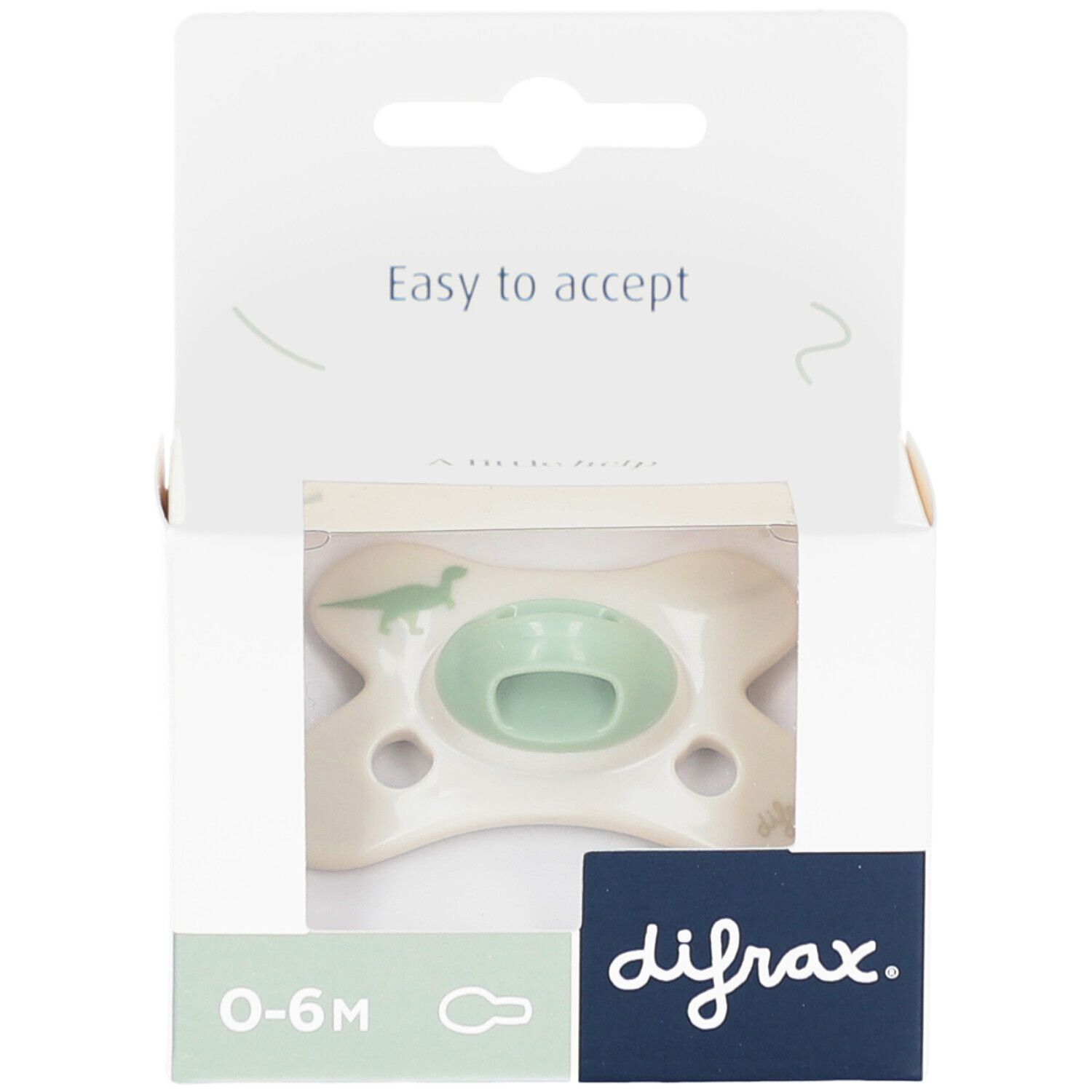 Schnuller in Verpackung. Hellgrüner Sauger, cremefarbener Schild mit Dino-Motiv. Marke difrax, 0-6M.