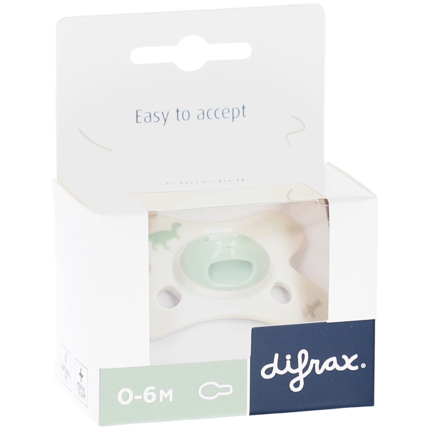 Schnuller in Verpackung. Hellgrüner Sauger, cremefarbener Schild mit Dino-Motiv. Marke difrax, 0-6M.