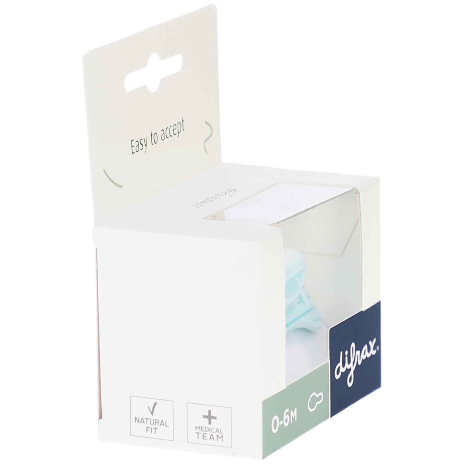 Emballage ouvert avec une sucette bleu clair. L'emballage porte la marque "difrax" et "0-6M".