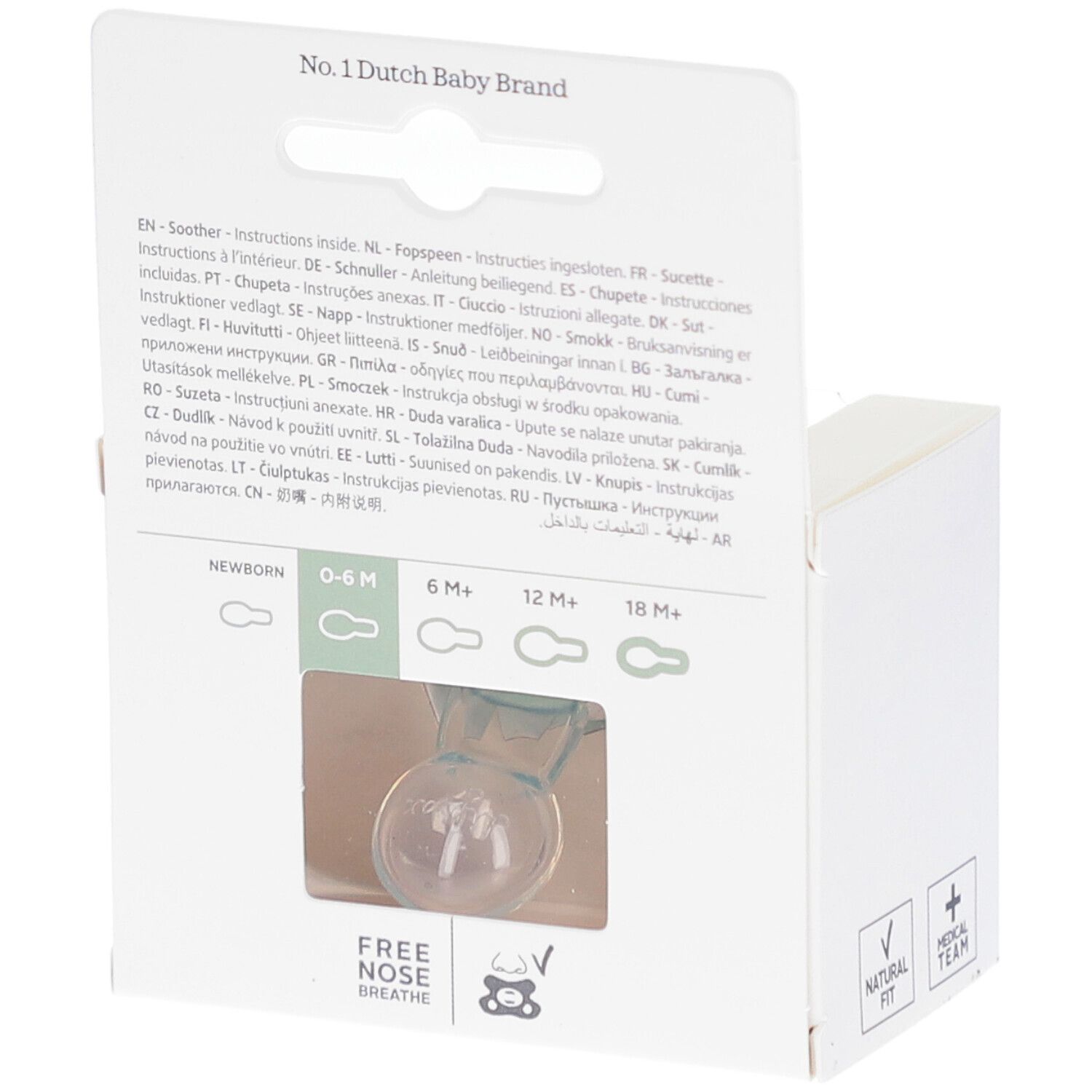 Dos de l'emballage avec texte et pictogrammes. La sucette est visible à travers une fenêtre.