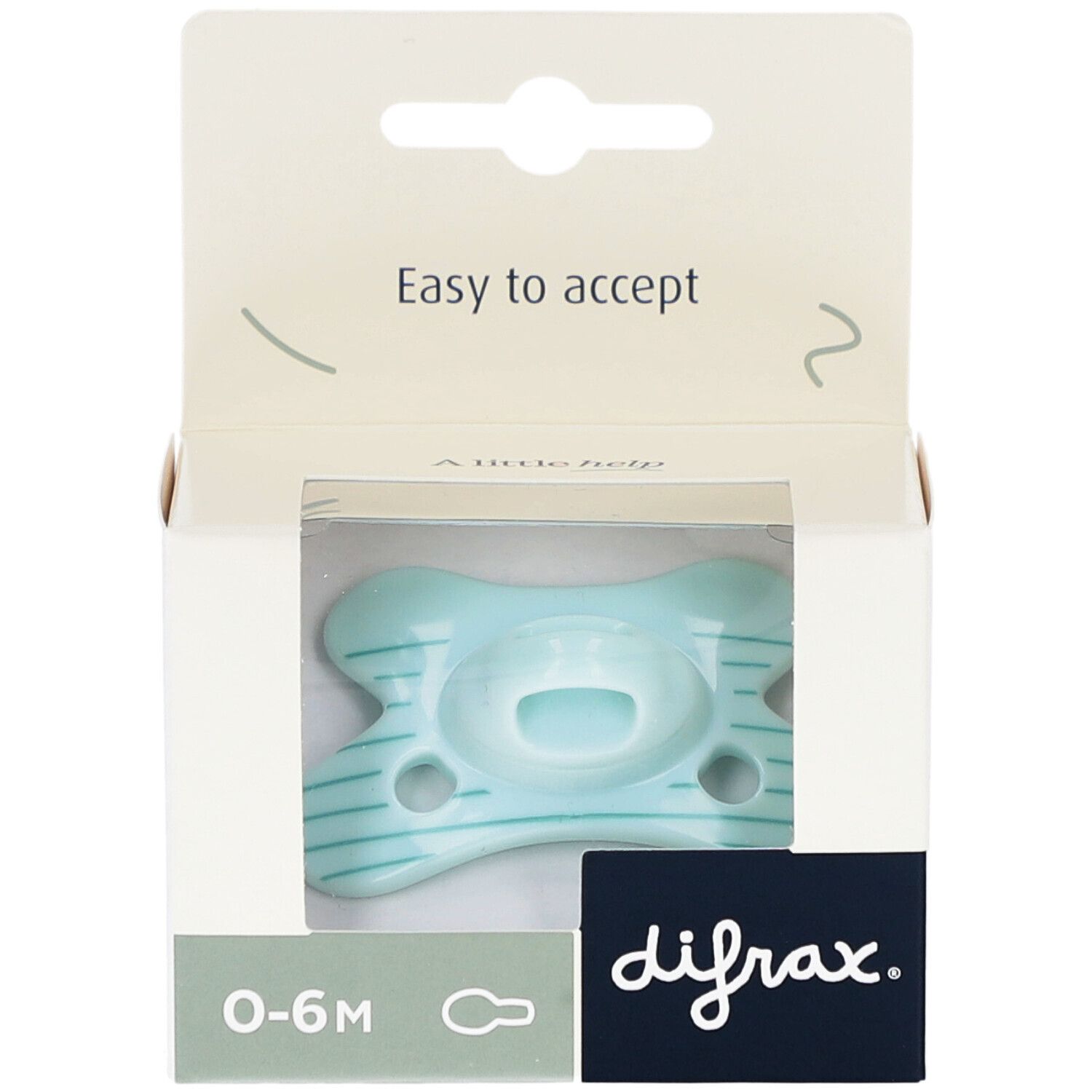 Sucette bleu clair dans un emballage ouvert. L'emballage porte la marque "difrax" et "0-6M".