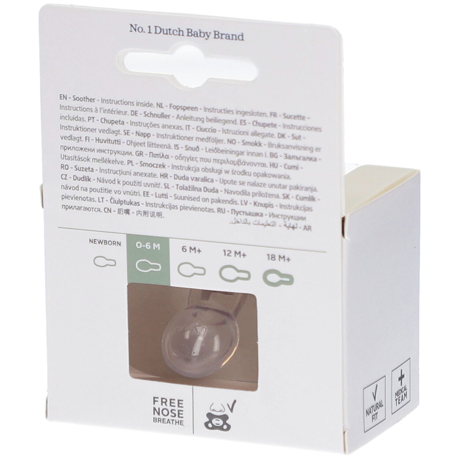 Rückseite der Verpackung. Text in mehreren Sprachen. Sichtfenster mit Schnuller. Text: Free Nose Breathe, 0-6M.