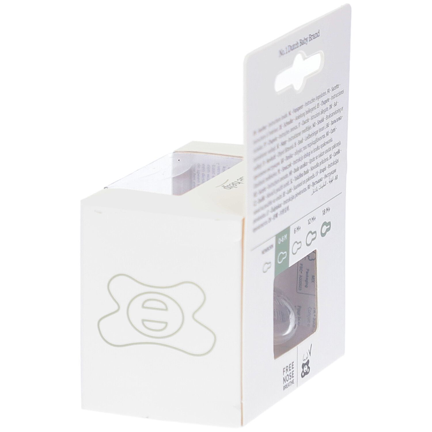 Verpackung mit Sichtfenster. Schnuller sichtbar. Text: Free Nose Breathe, 0-6M. Logo: difrax.