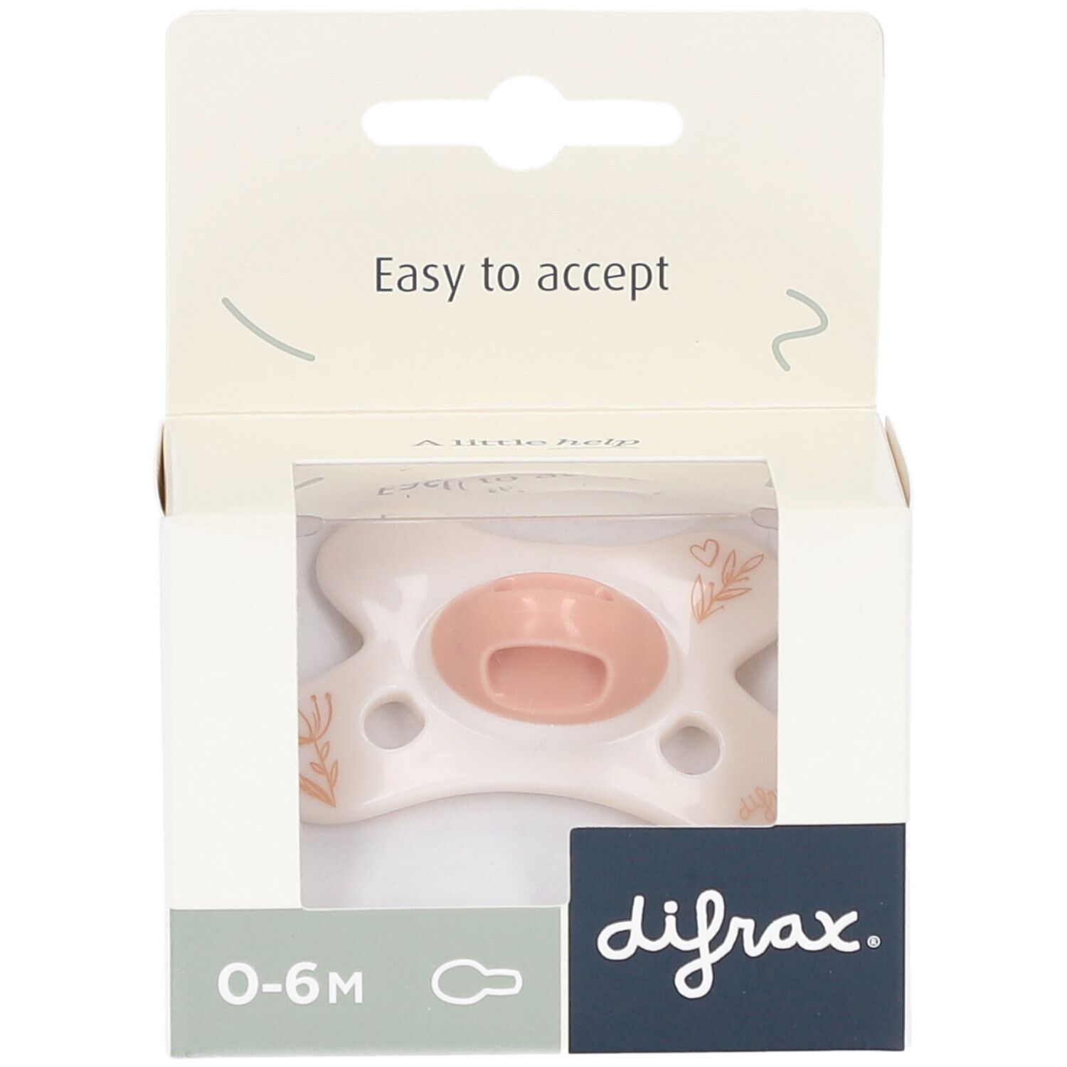 Verpackung mit Schnuller. Rosa Sauger, weißer Schild mit floralen Mustern. Marke: difrax. Alter: 0-6M.