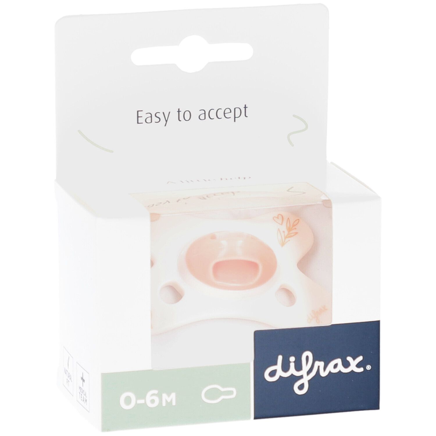 Verpackung mit Schnuller. Rosa Sauger, weißer Schild. Marke: difrax. Alter: 0-6M. Text: Easy to accept.
