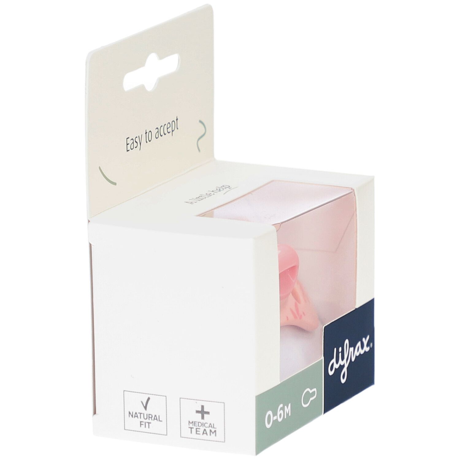 Verpackung mit rosa Schnuller. Marke difrax. Alter: 0-6 Monate. Aufschrift: Natural Fit, Medical Team.