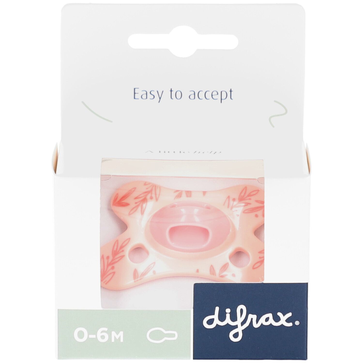 Rosa Schnuller mit Blättermuster in Verpackung. Marke: difrax. Alter: 0-6 Monate. Verpackung mit Sichtfenster.