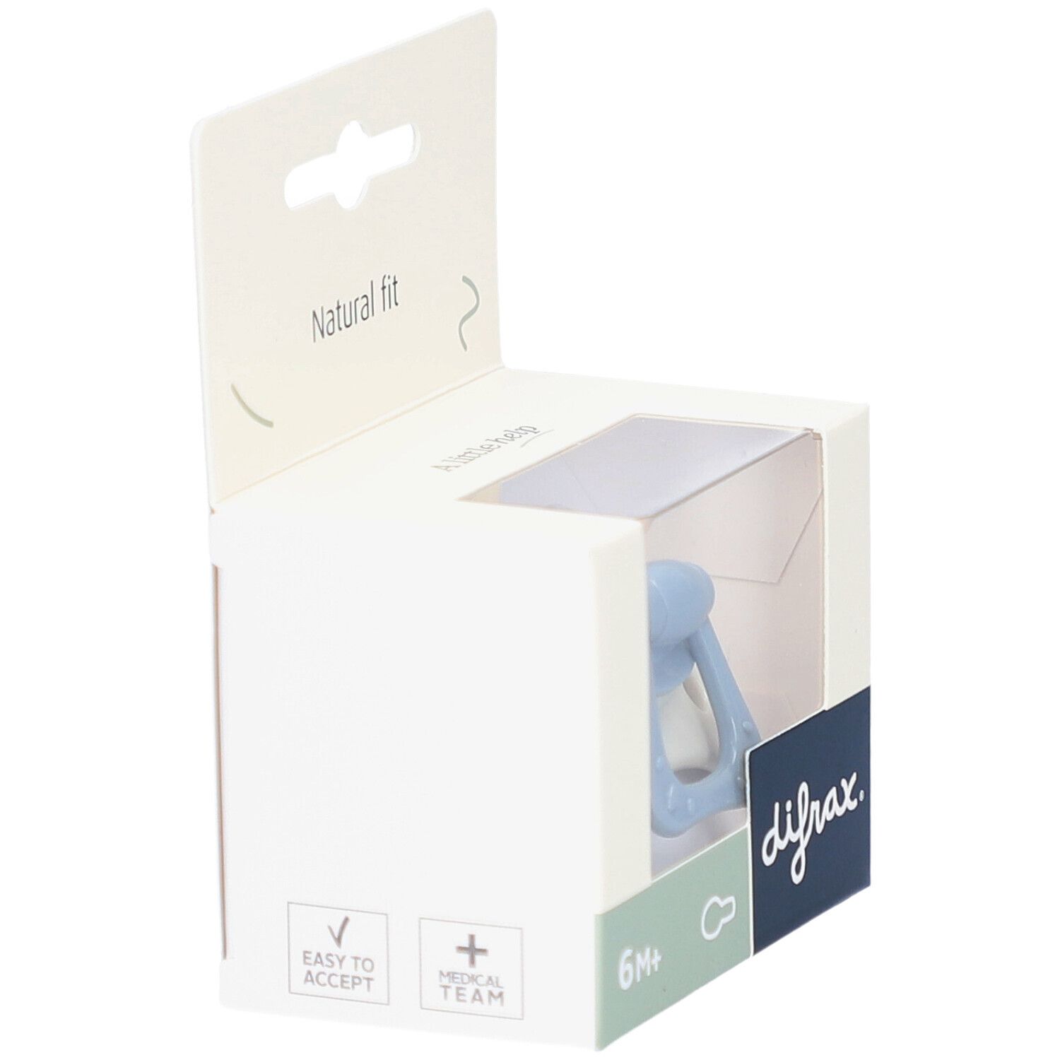 Blauer Schnuller in weißer Verpackung. Aufdruck: difrax, 6M+.