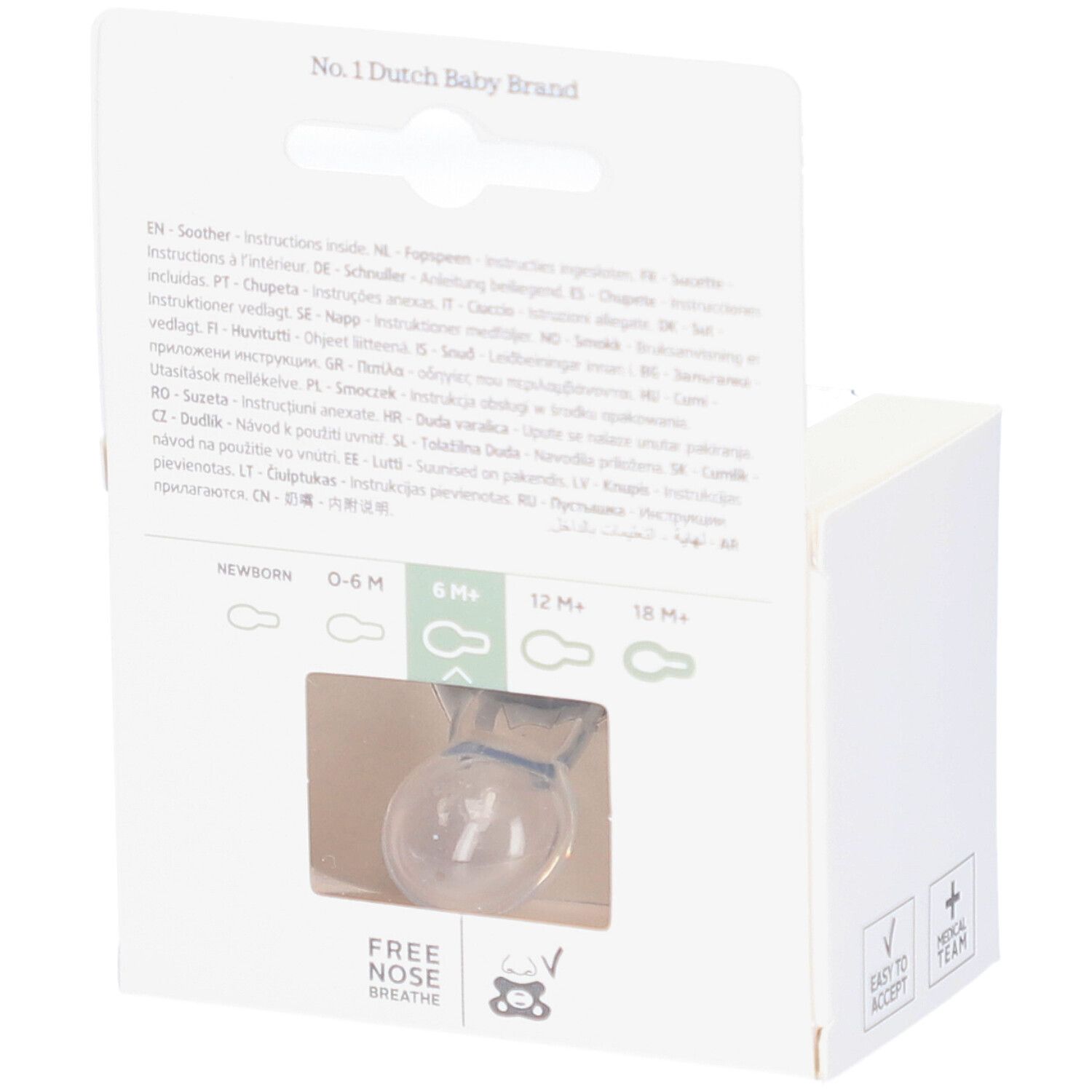Verpackung mit Schnuller. Aufdruck: Free Nose Breathe, 6M+.