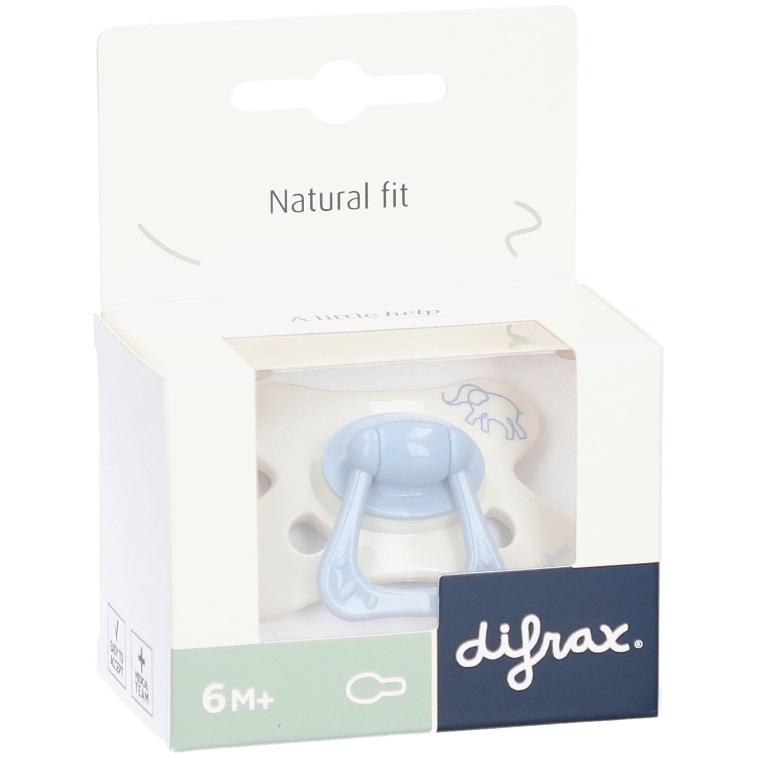 Blauer Schnuller in Verpackung. Aufdruck: difrax, 6M+, Natural fit.