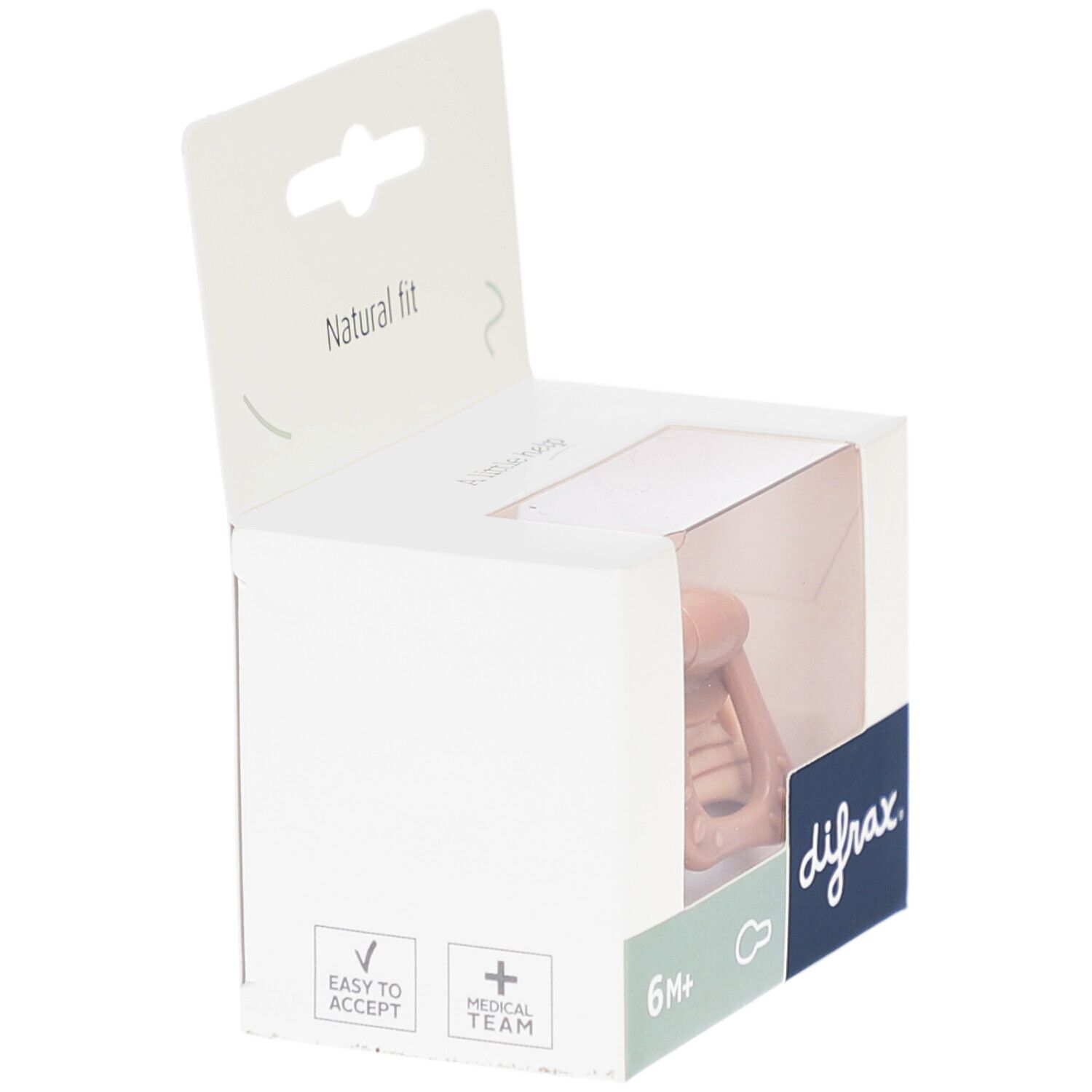 Verpackung mit Schnuller. Marke: difrax. Altersempfehlung: 6M+. Aufdrucke: Easy to accept, Medical Team.