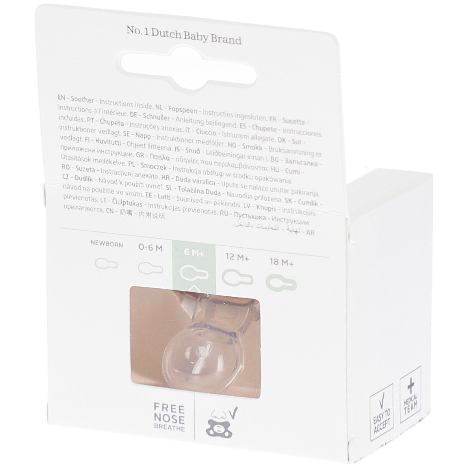 Rückseite der Verpackung mit Schnuller. Text: No. 1 Dutch Baby Brand. Altersempfehlungen: Newborn, 0-6M, 6M, 12M, 18M+.