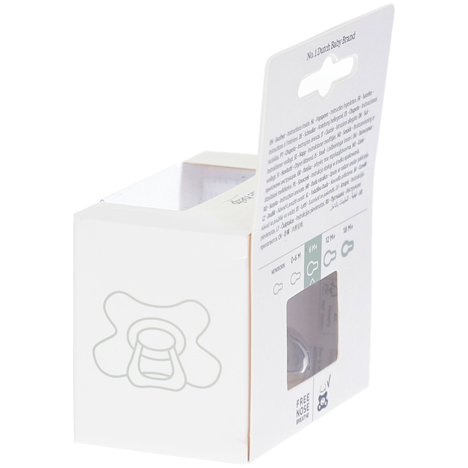 Rückseite der Verpackung mit Schnuller. Text: No. 1 Dutch Baby Brand. Altersempfehlungen: 0-6M, 6M, 12M, 18M+.