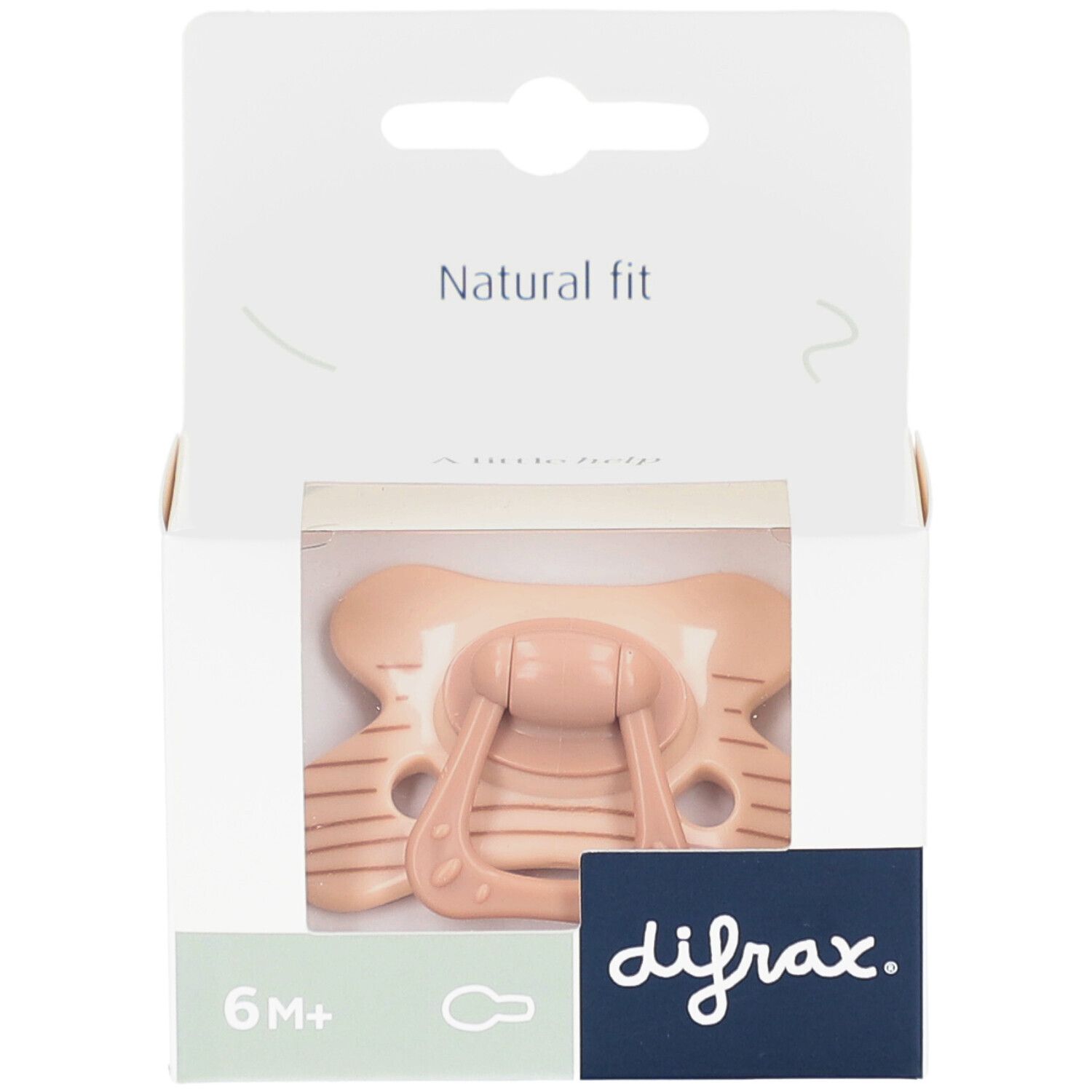 Verpackung mit Schnuller. Beige Schnuller mit braunen Streifen. Marke: difrax. Altersempfehlung: 6M+.