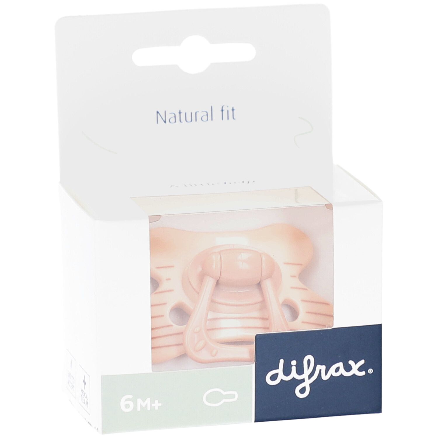 Verpackung mit Schnuller. Beige Schnuller mit braunen Streifen. Marke: difrax. Altersempfehlung: 6M+.