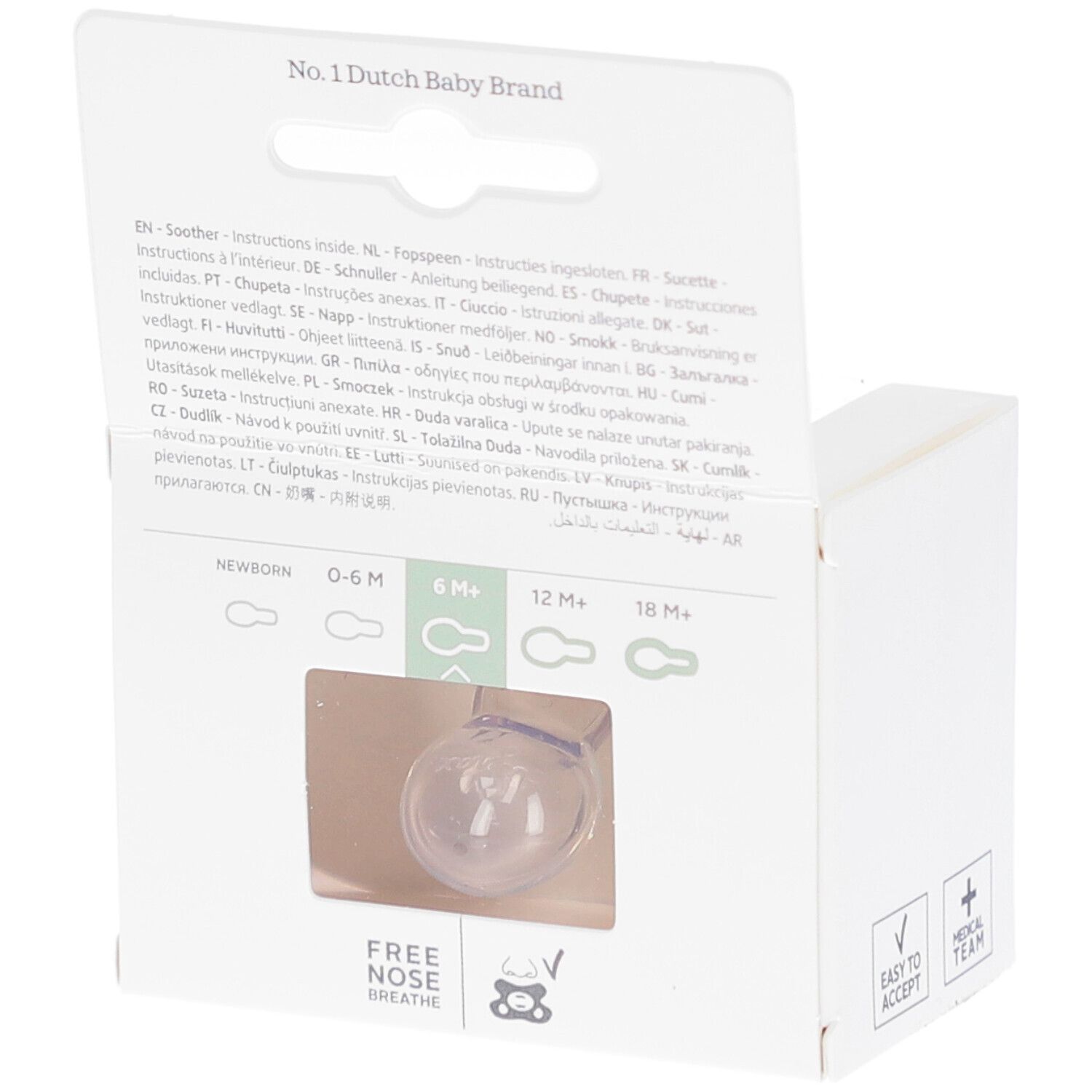 Rückseite der Verpackung mit Text in verschiedenen Sprachen. Aufdruck: No.1 Dutch Baby Brand.