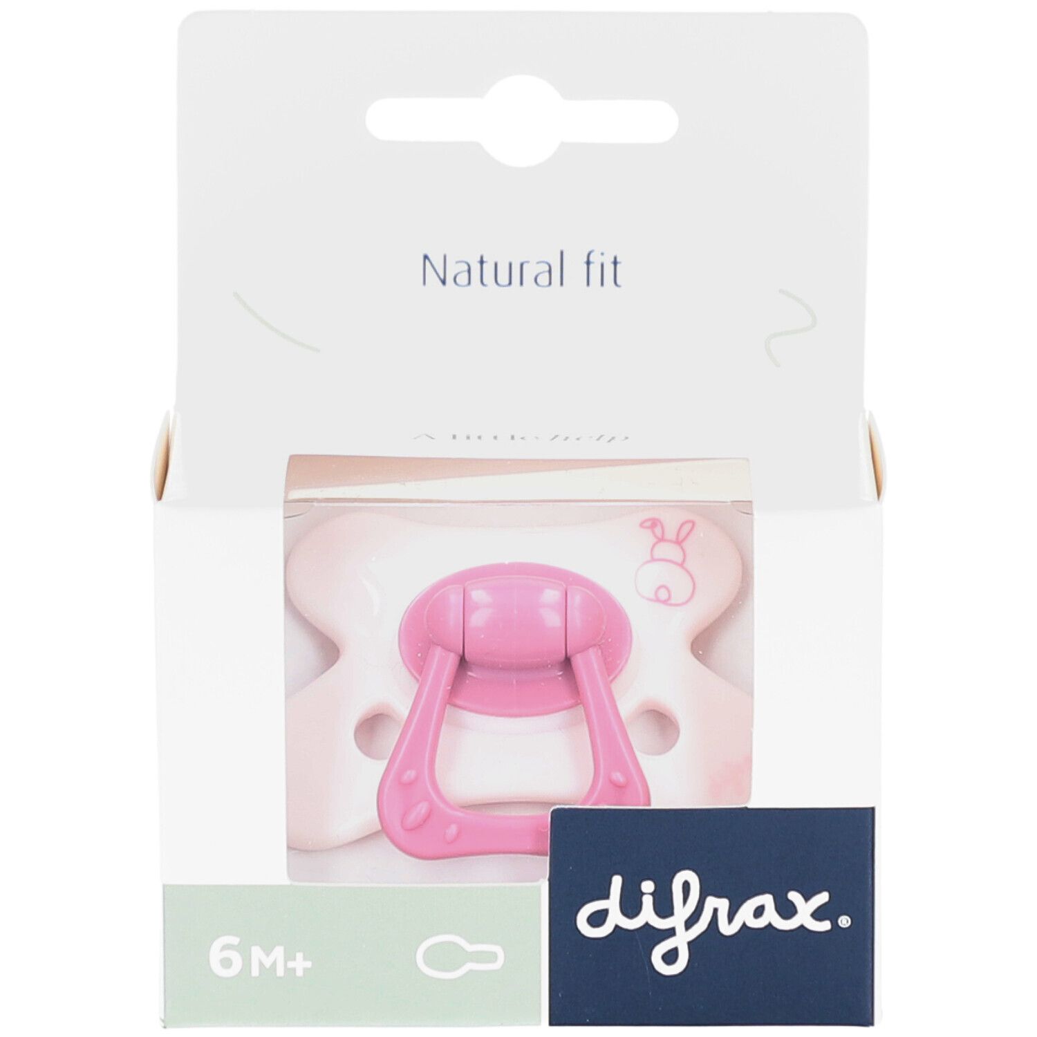 Rosa Schnuller in weißer Verpackung. Aufdruck: difrax, 6M+, Natural fit, Bunny-Design.