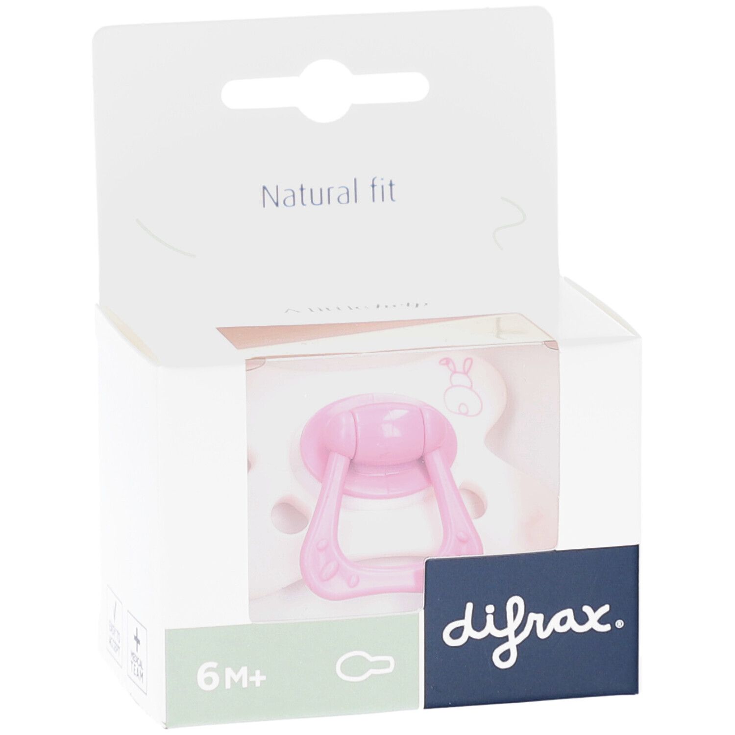 Rosa Schnuller in weißer Verpackung. Aufdruck: difrax, 6M+, Natural fit, Bunny-Design.