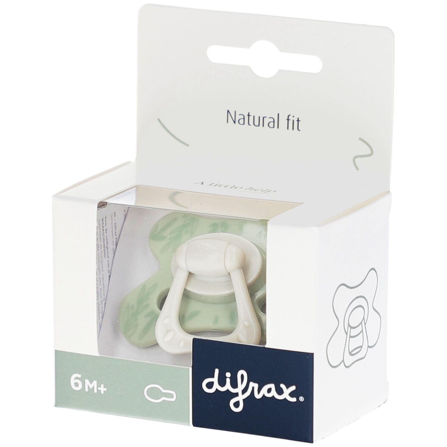 Verpackung mit Schnuller. Hellgrüner Schnuller mit weißem Griff. Aufschrift "difrax.". Altersempfehlung 6M+.
