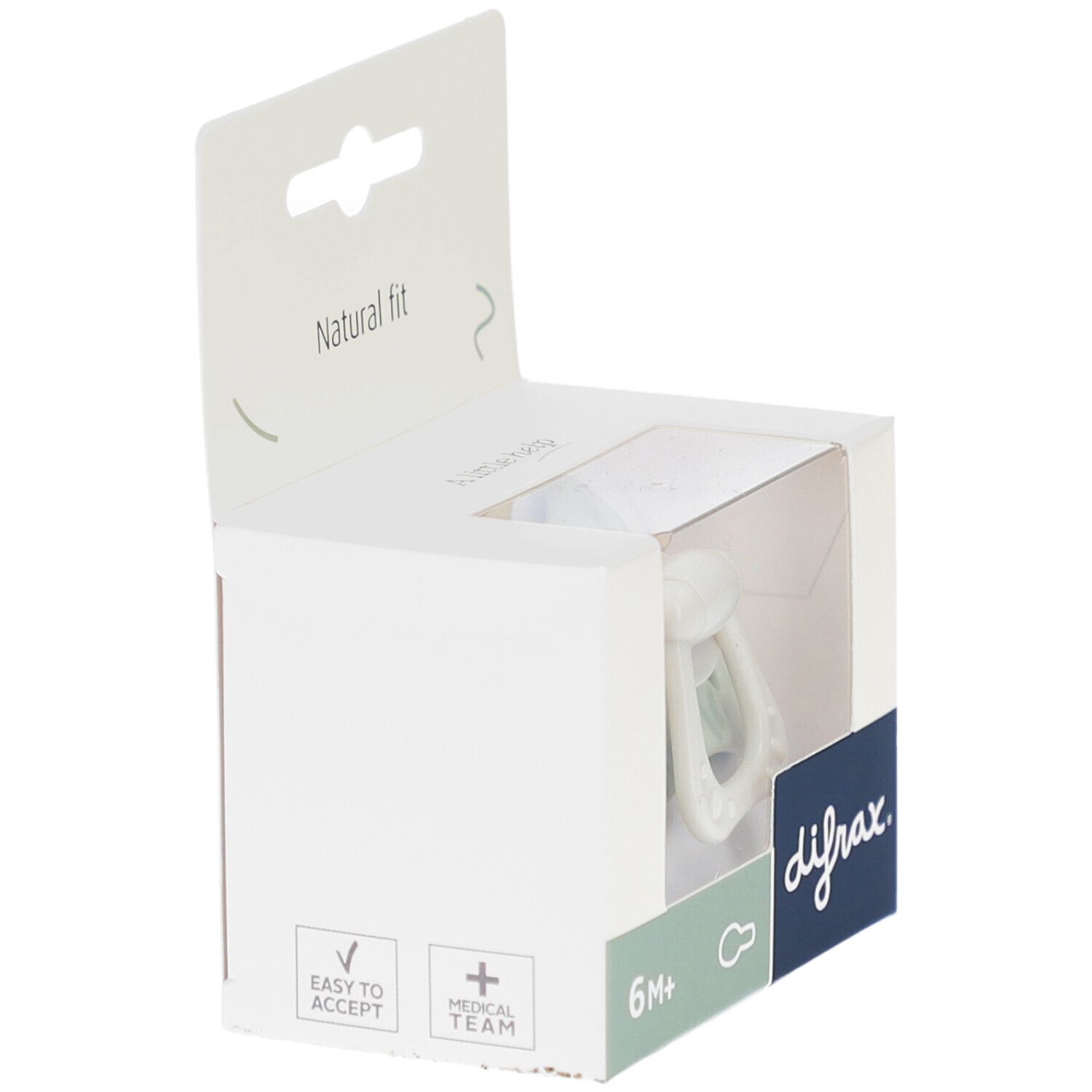 Verpackung mit Schnuller. Weißer Karton mit "difrax." Aufschrift. Altersempfehlung 6M+. "Easy to accept" und "Medical team" Symbole.