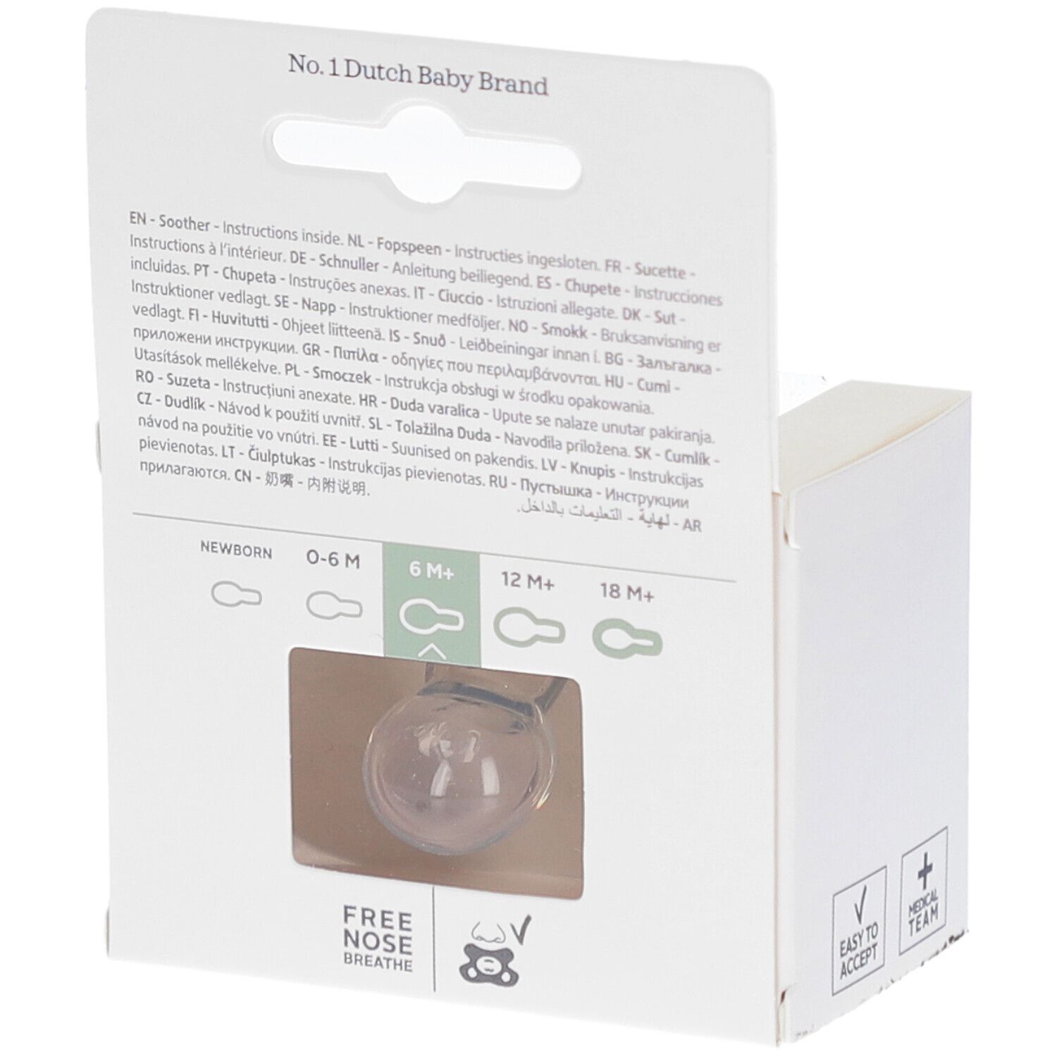 Rückseite der Verpackung. Schnuller in transparenter Verpackung. Text in mehreren Sprachen. Altersempfehlungen: 0-6M, 6M+, 12M+, 18M+.