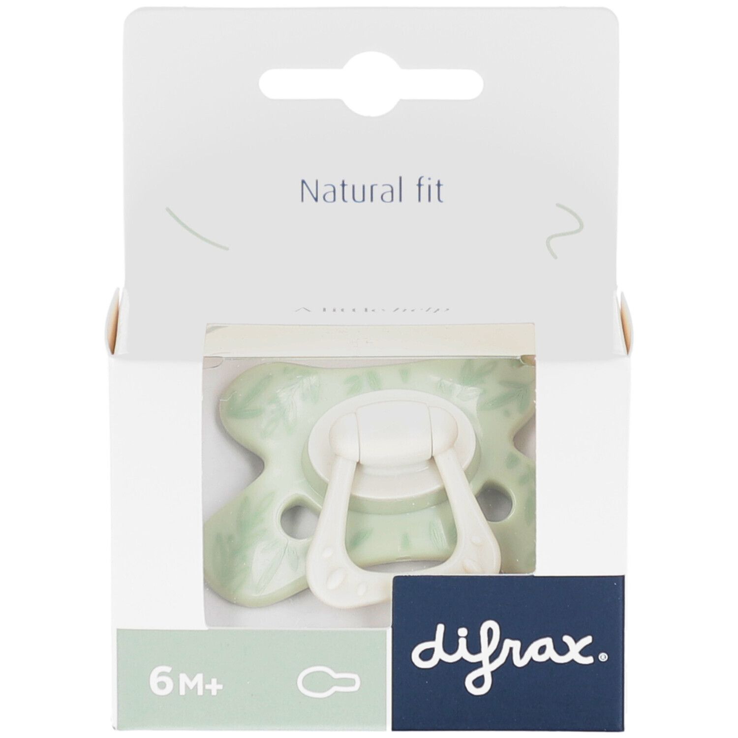 Verpackung mit Schnuller. Hellgrüner Schnuller mit weißem Griff. Aufschrift "difrax.". Altersempfehlung 6M+.
