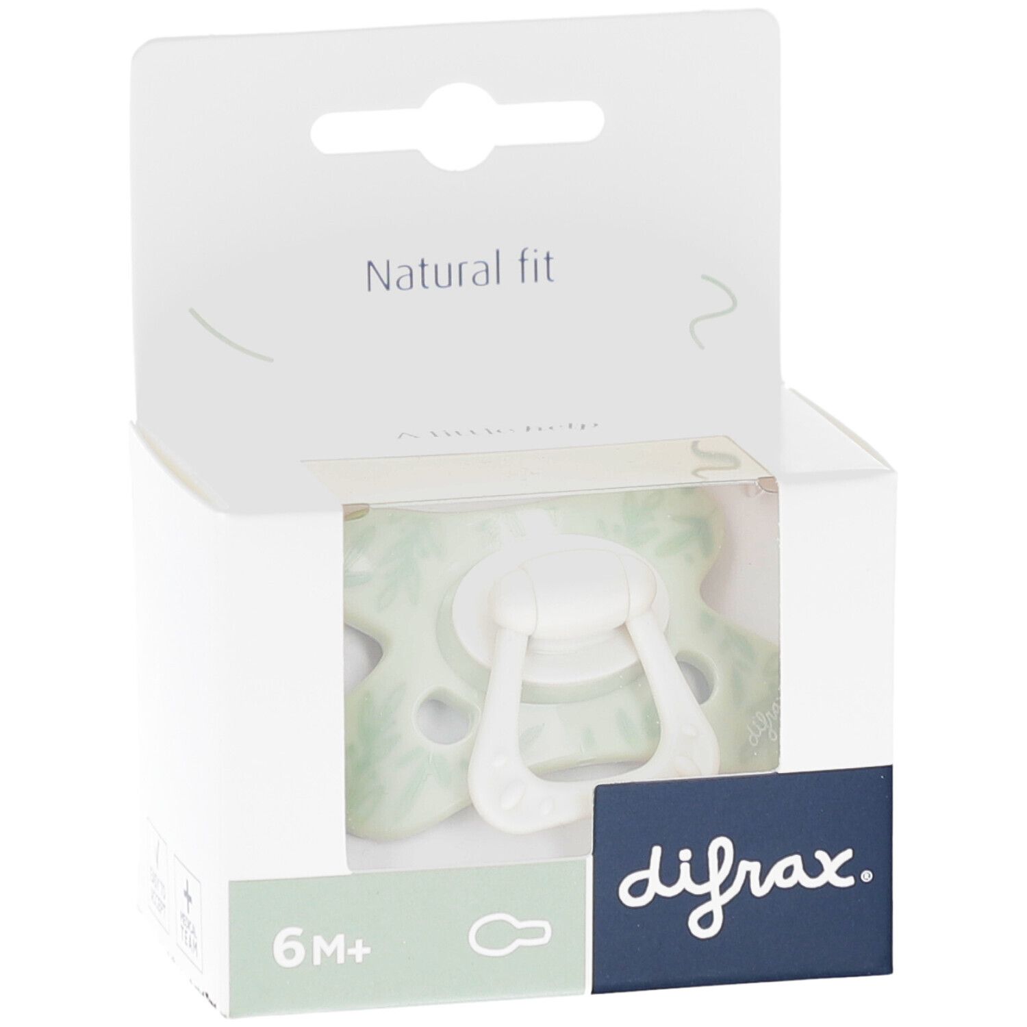 Verpackung mit Schnuller. Hellgrüner Schnuller mit weißem Griff. Aufschrift "difrax.". Altersempfehlung 6M+.