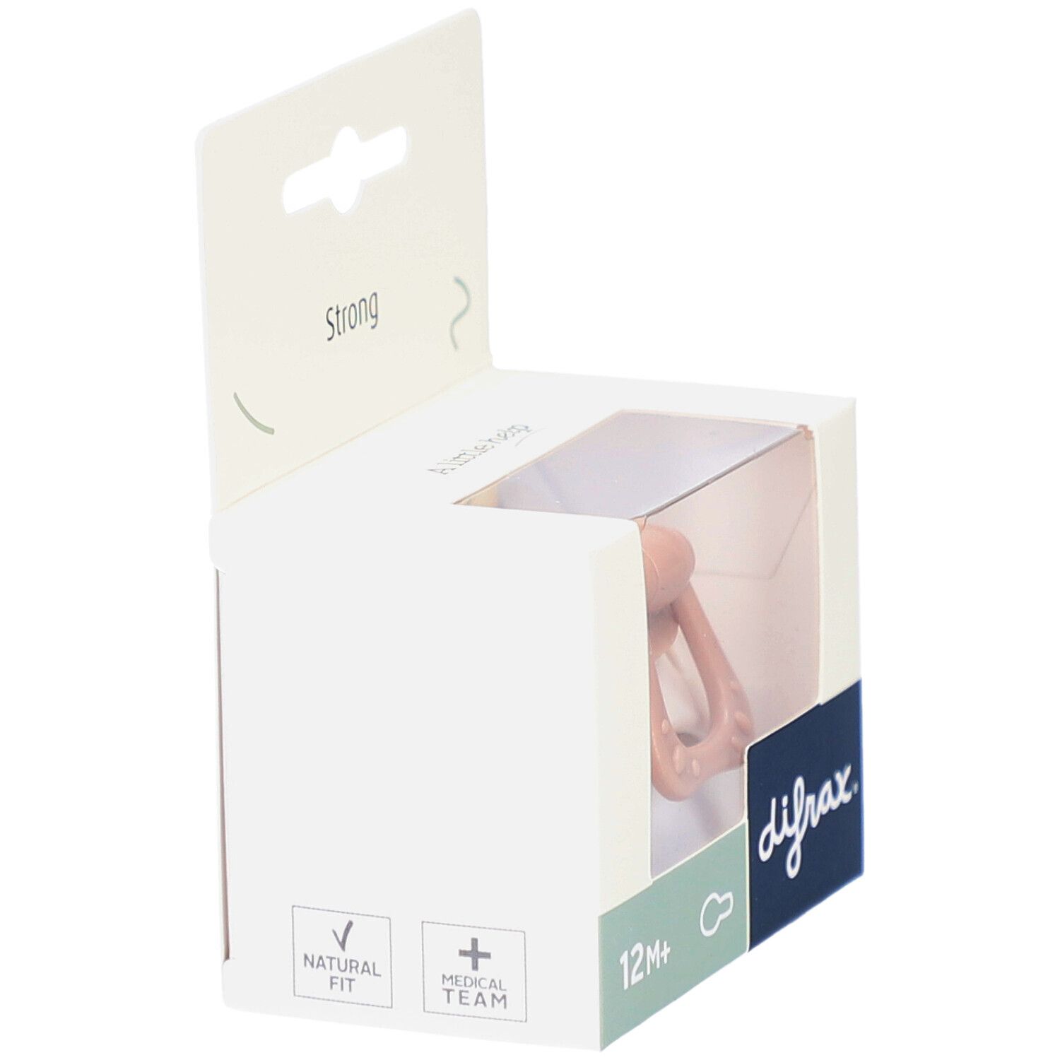 Verpackung mit Schnuller. Beige und rosa. Sichtbar: difrax, 12M+ und Natural Fit.