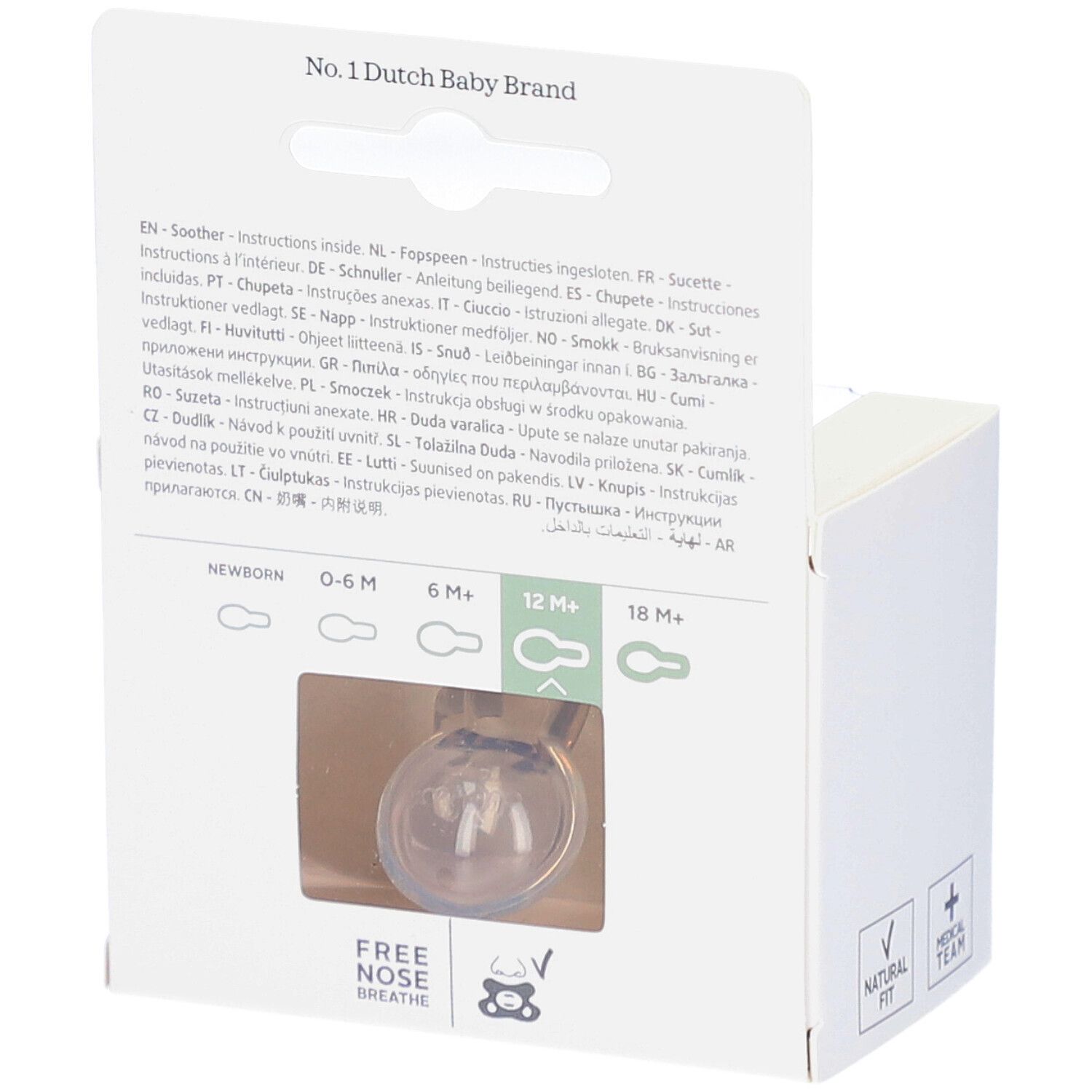 Rückseite der Verpackung. Text in mehreren Sprachen. Sichtbar: 12M+ und Natural Fit.