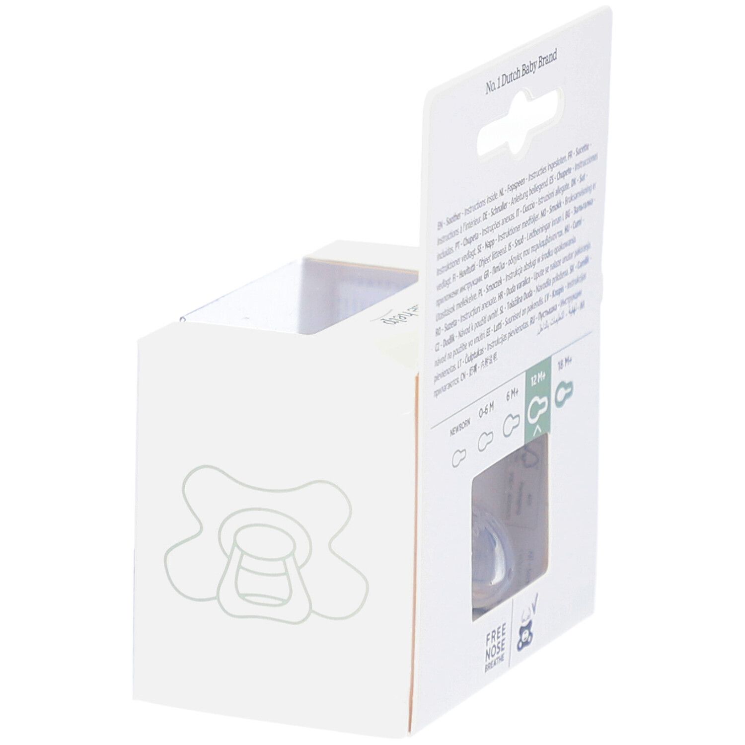 Verpackung mit Schnuller. Sichtbar: 12M+ und Natural Fit. Rückseite mit Text.