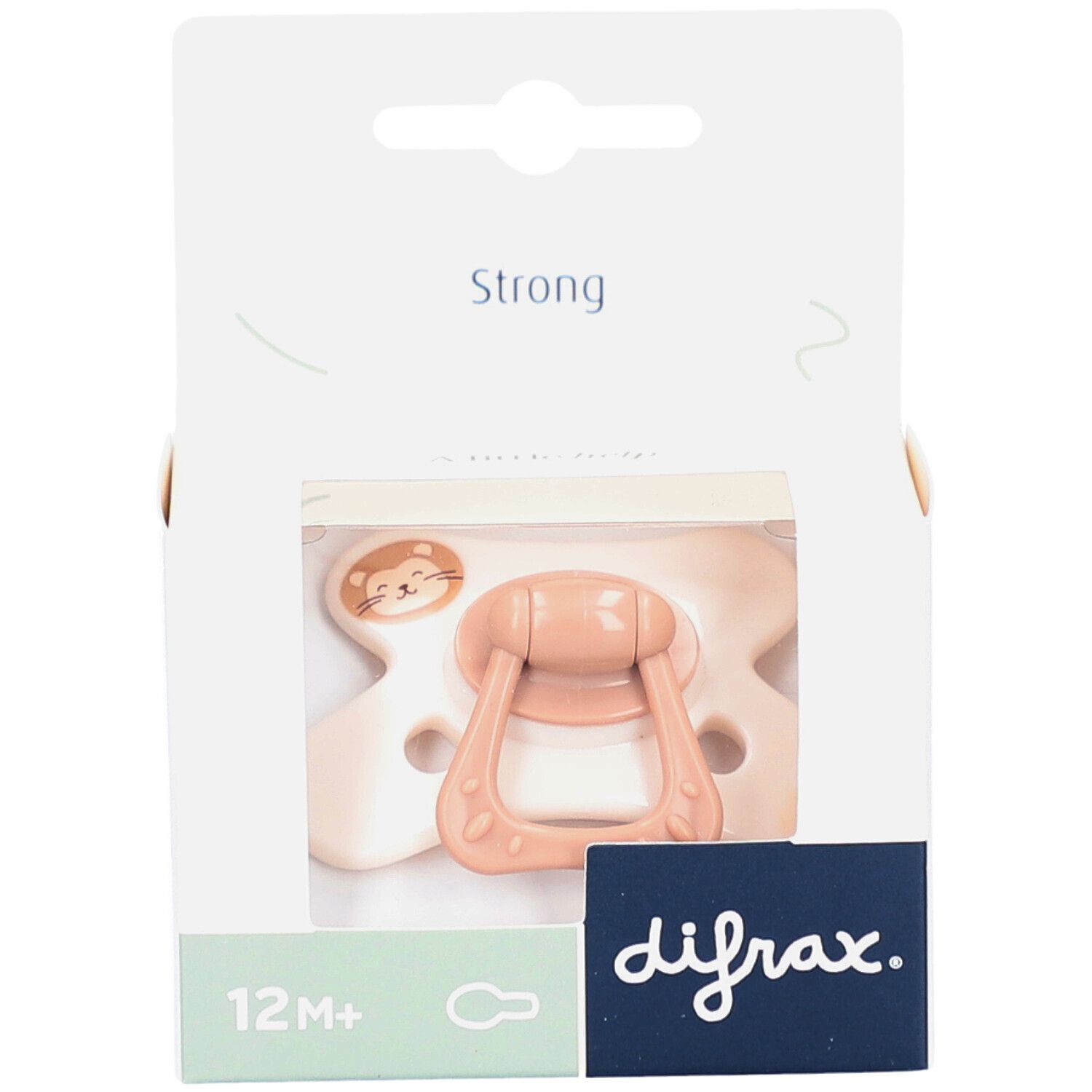 Schnuller in Verpackung. Beige und rosa. Mit Löwenmotiv. Sichtbar: 12M+ und difrax.