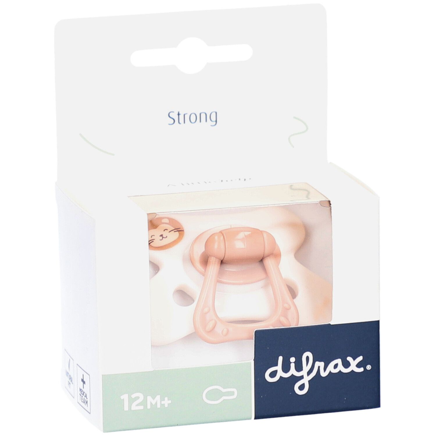 Verpackung mit Schnuller. Beige und rosa. Mit Löwenmotiv. Sichtbar: 12M+ und difrax.