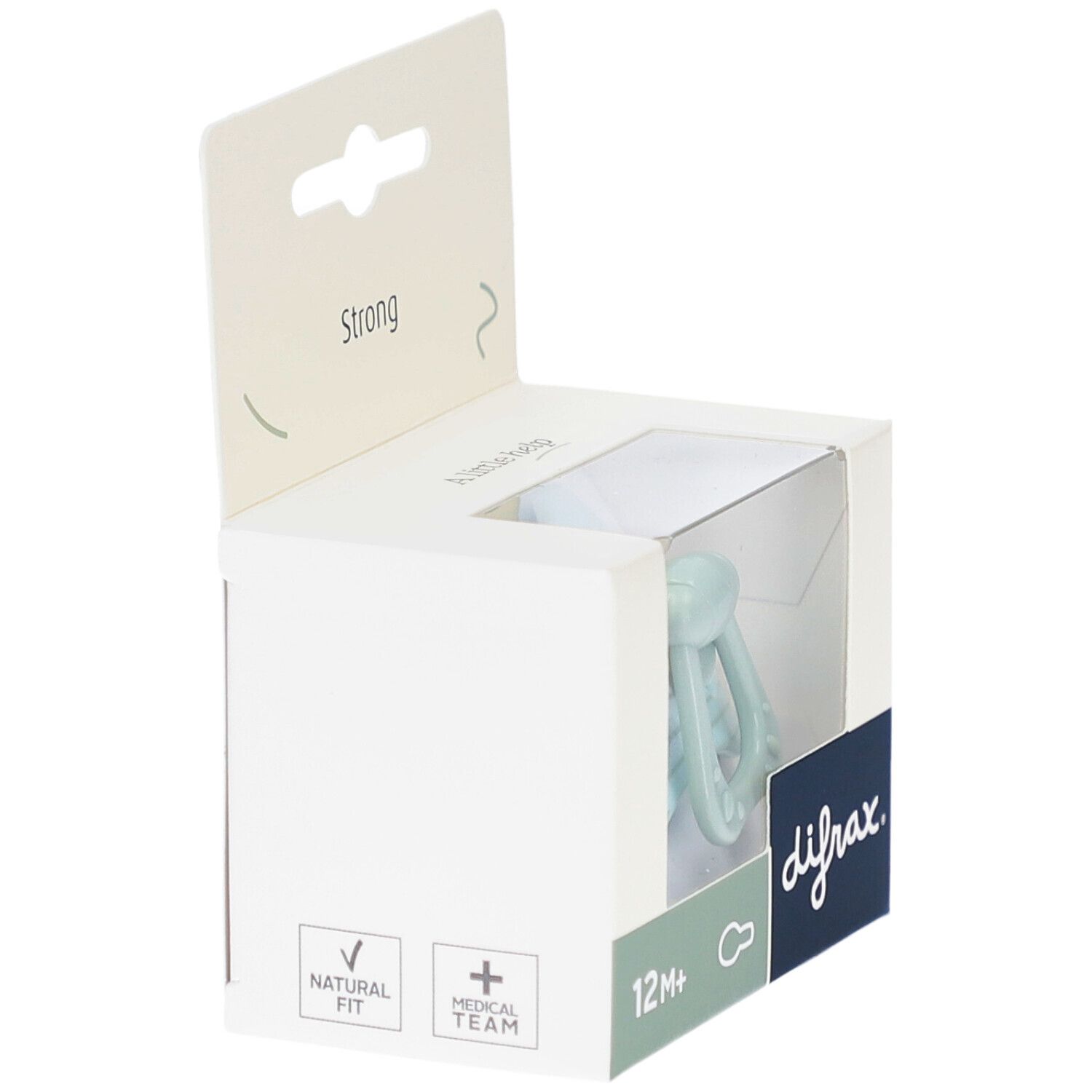 Mintfarbener Schnuller in Verpackung. Sichtbar: difrax-Logo, 12M+. Verpackung mit Aufdruck "Natural Fit" und "Medical Team".