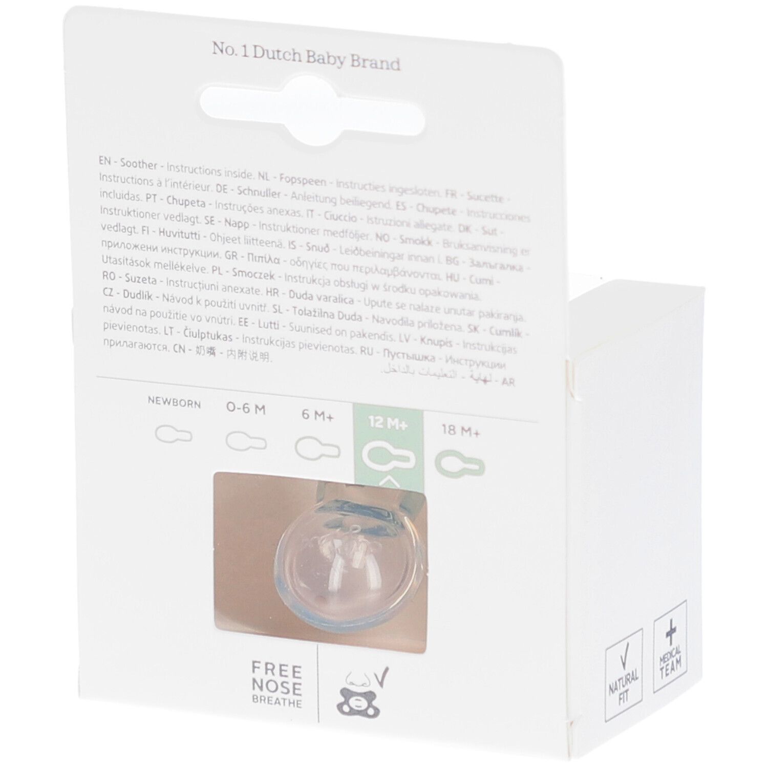 Rückseite der Verpackung. Sichtbar: Schnuller, Altersangaben, Text in mehreren Sprachen. Aufdruck: "Free Nose Breathe".