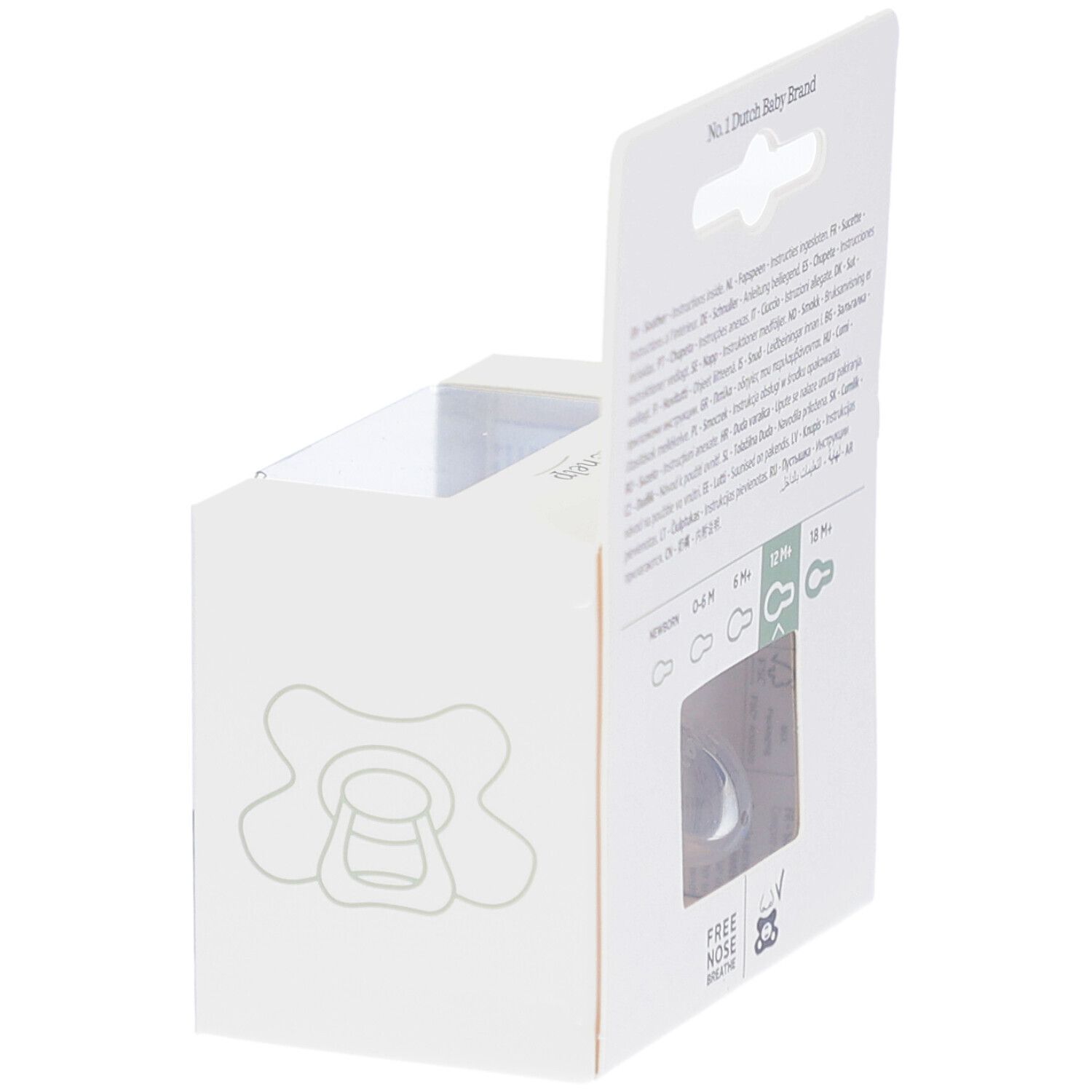 Verpackung, geöffnet. Sichtbar: Schnuller, Altersangaben. Aufdruck: "Free Nose Breathe". Text in mehreren Sprachen.