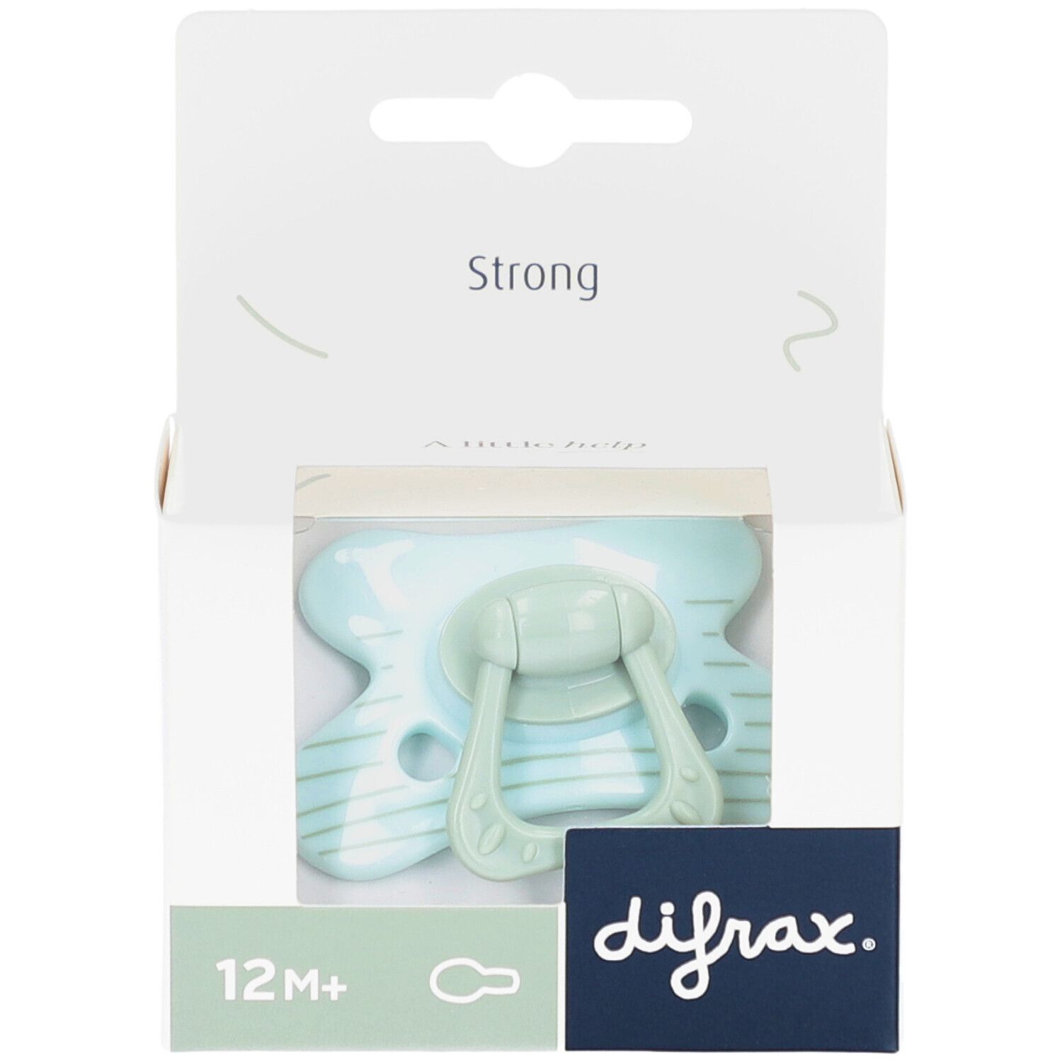 Mintfarbener Schnuller in Verpackung. Sichtbar: 12M+ und difrax-Logo. Verpackung mit Aufdruck "Strong".