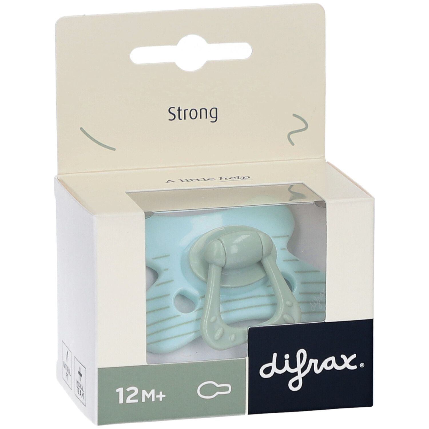Mintfarbener Schnuller in Verpackung. Sichtbar: 12M+ und difrax-Logo. Verpackung mit Aufdruck "Strong".