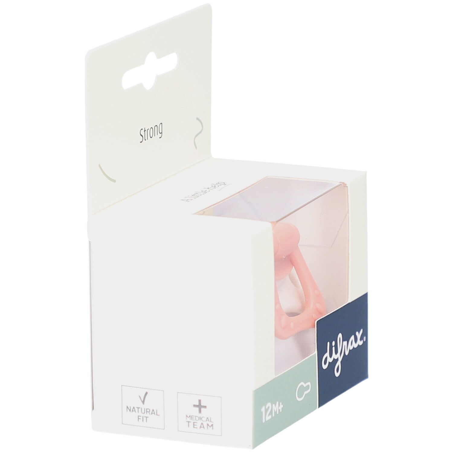 Verpackung mit rosa Schnuller. Sichtbar: difrax-Logo, 12M+.