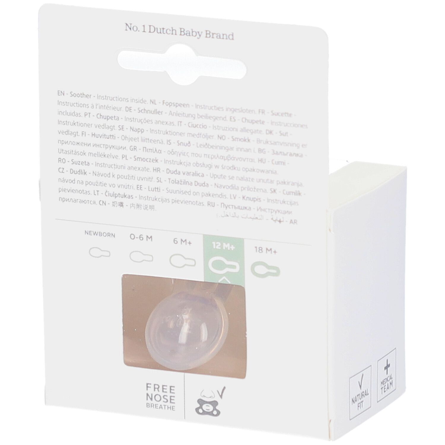 Rückseite der Verpackung mit Schnuller. Text in mehreren Sprachen. Sichtbar: 12M+.