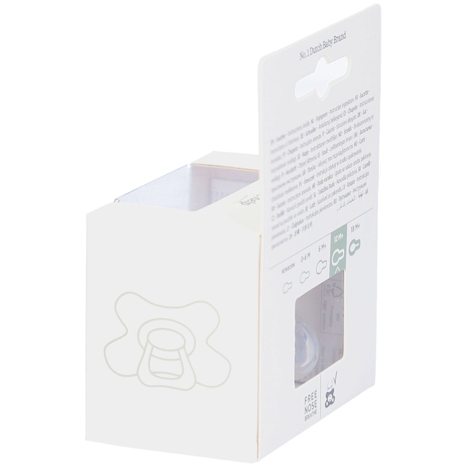 Verpackung mit Schnuller. Rückseite mit Text. Sichtbar: 12M+.