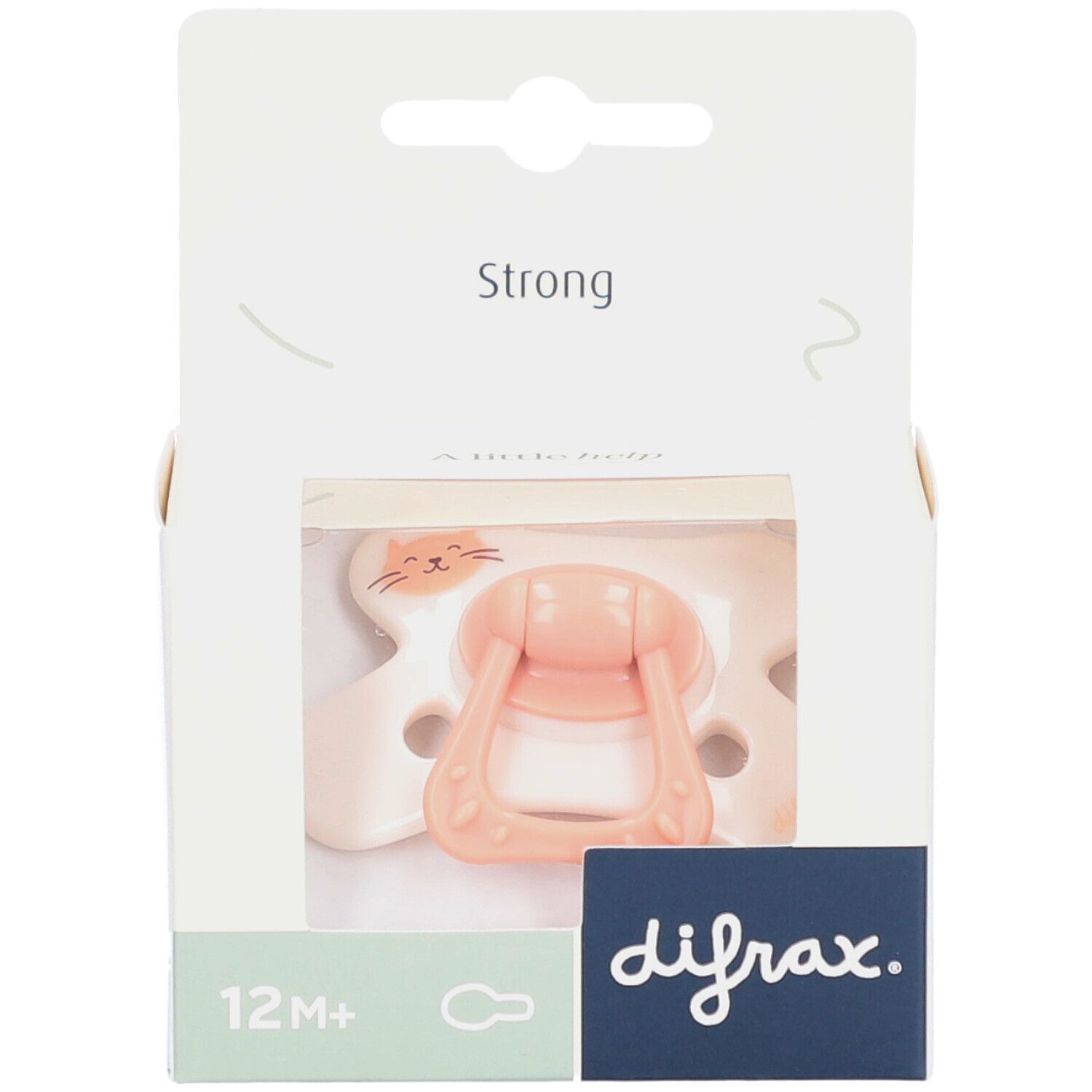 Rosa Schnuller mit Katzenmotiv in Verpackung. Sichtbar: difrax-Logo, 12M+.