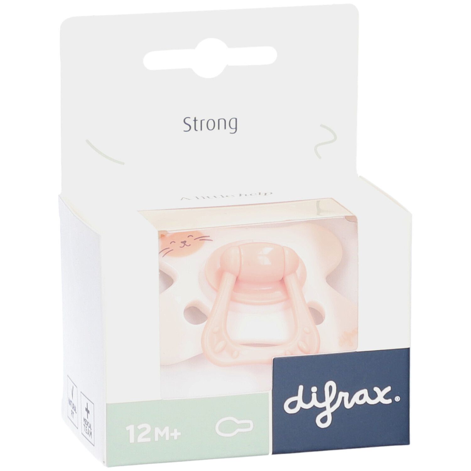 Verpackung mit rosa Schnuller und Katzenmotiv. Sichtbar: difrax-Logo, 12M+.
