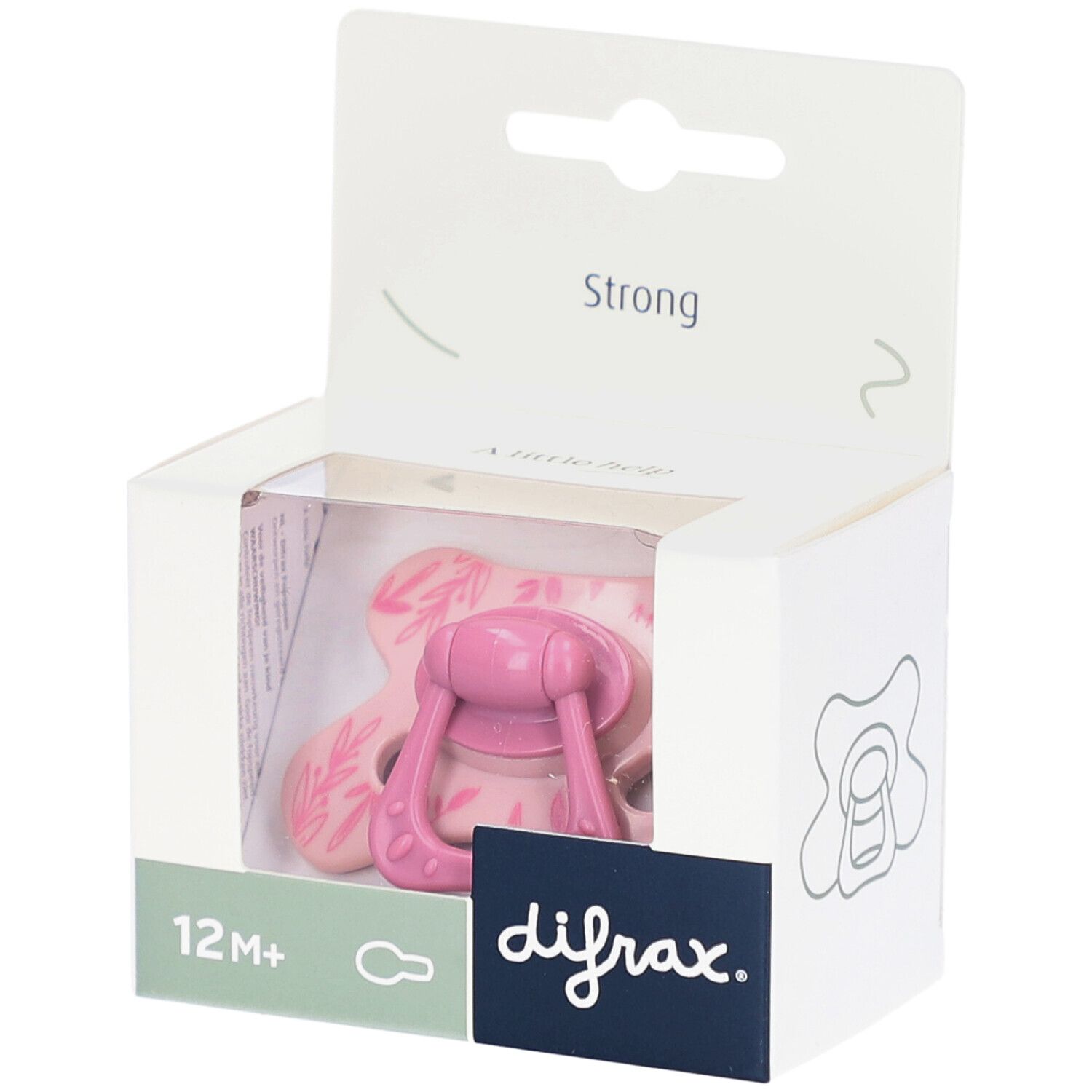 Rosa Schnuller in Verpackung. Aufdrucke: 12M+, difrax., Strong. Blättermuster auf dem Schnuller.