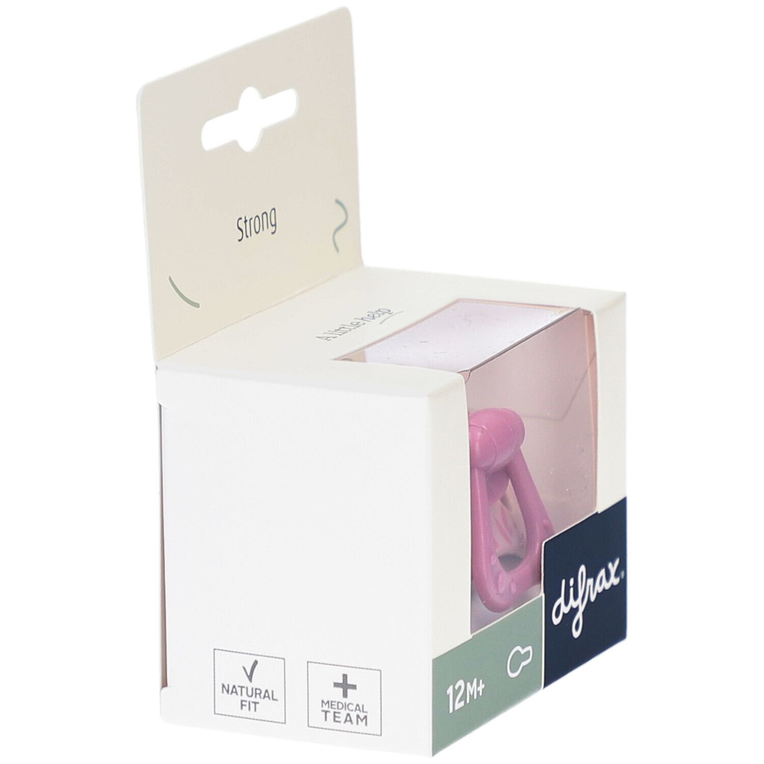 Rosa Schnuller in Verpackung. Aufdrucke: 12M+, difrax., Natural Fit, Medical Team.