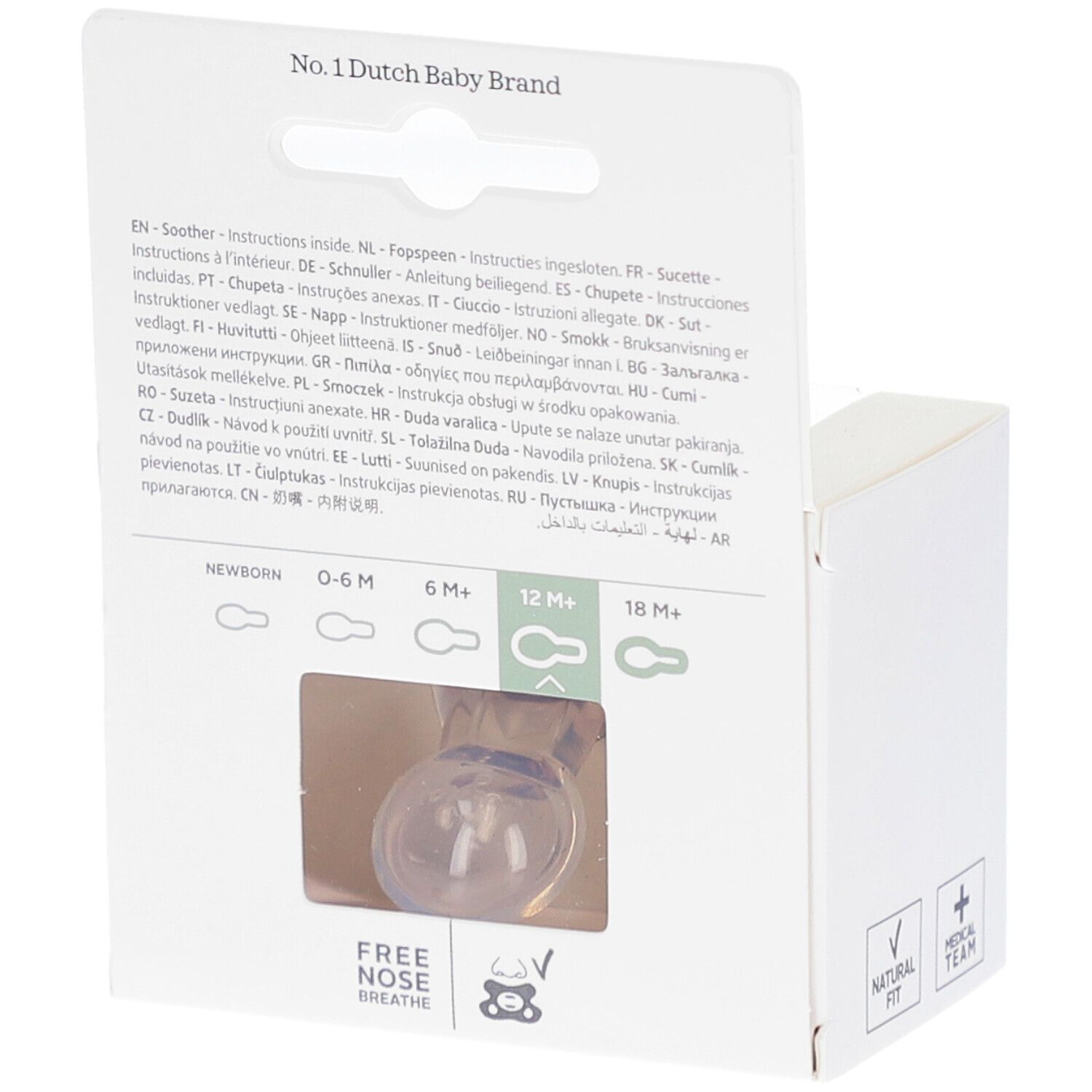 Rückseite der Verpackung. Aufdrucke: No. 1 Dutch Baby Brand, 12M+, Natural Fit, Medical Team.