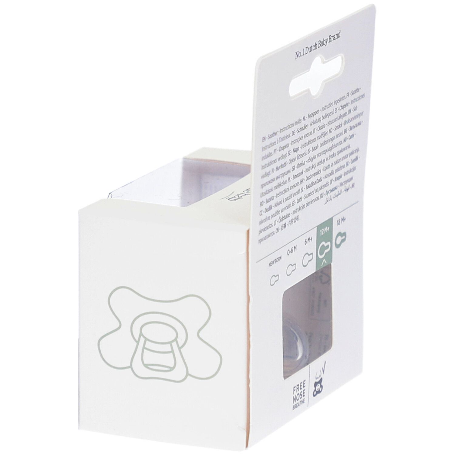 Verpackung, Rückseite. Aufdrucke: No. 1 Dutch Baby Brand, 12M+, Natural Fit, Free Nose.